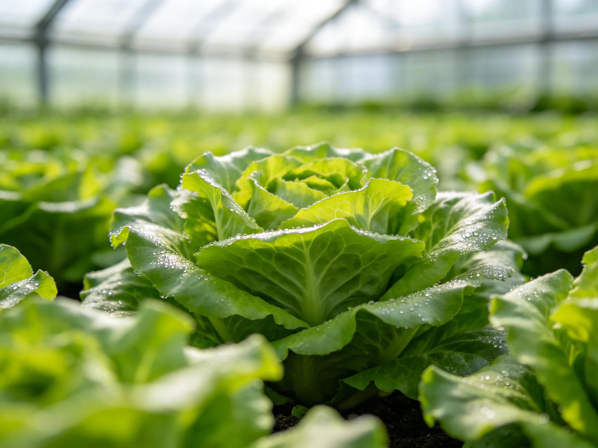 Fresh green lettuce plants with dew drops growing inside a greenhouse