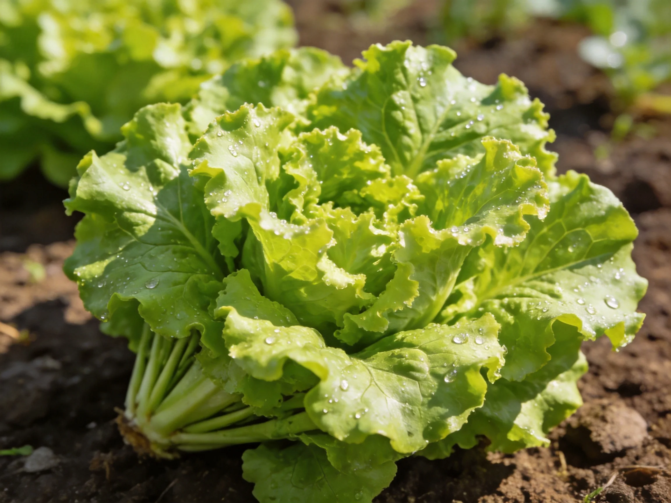 Fresh green lettuce plants with dew drops in sunlit garden soil