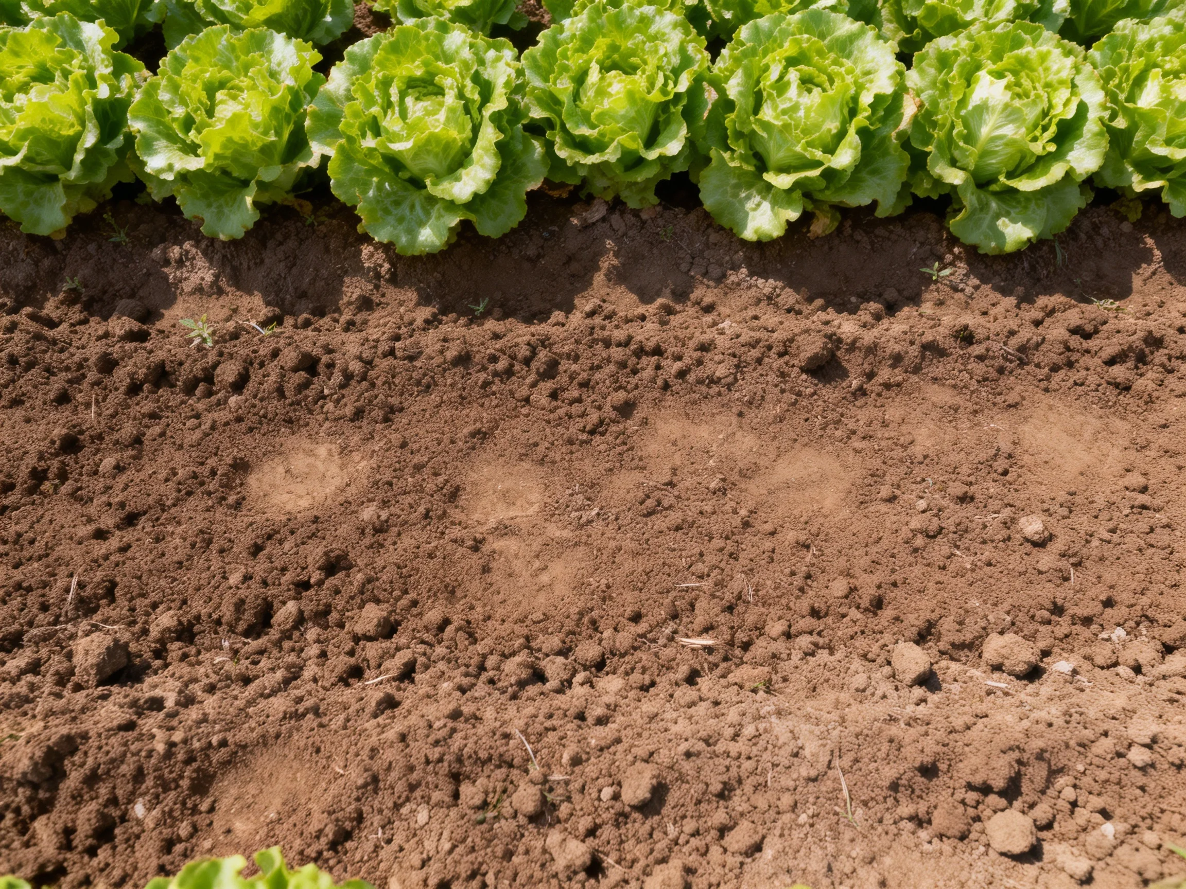 Fresh green lettuce rows alongside well-cultivated brown garden soil