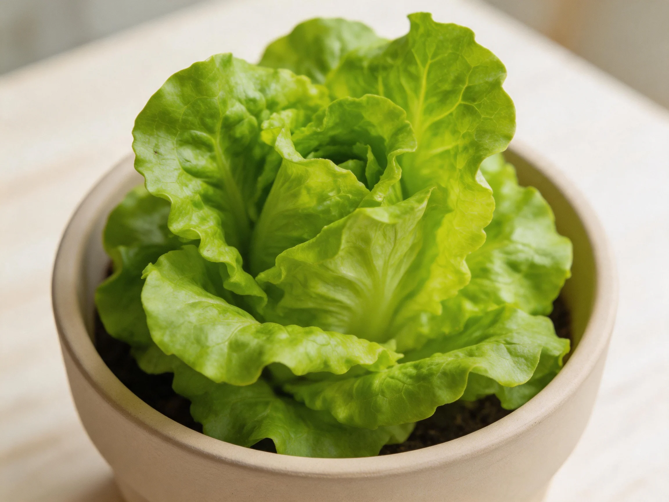 Fresh green lettuce thriving in a beige ceramic planter