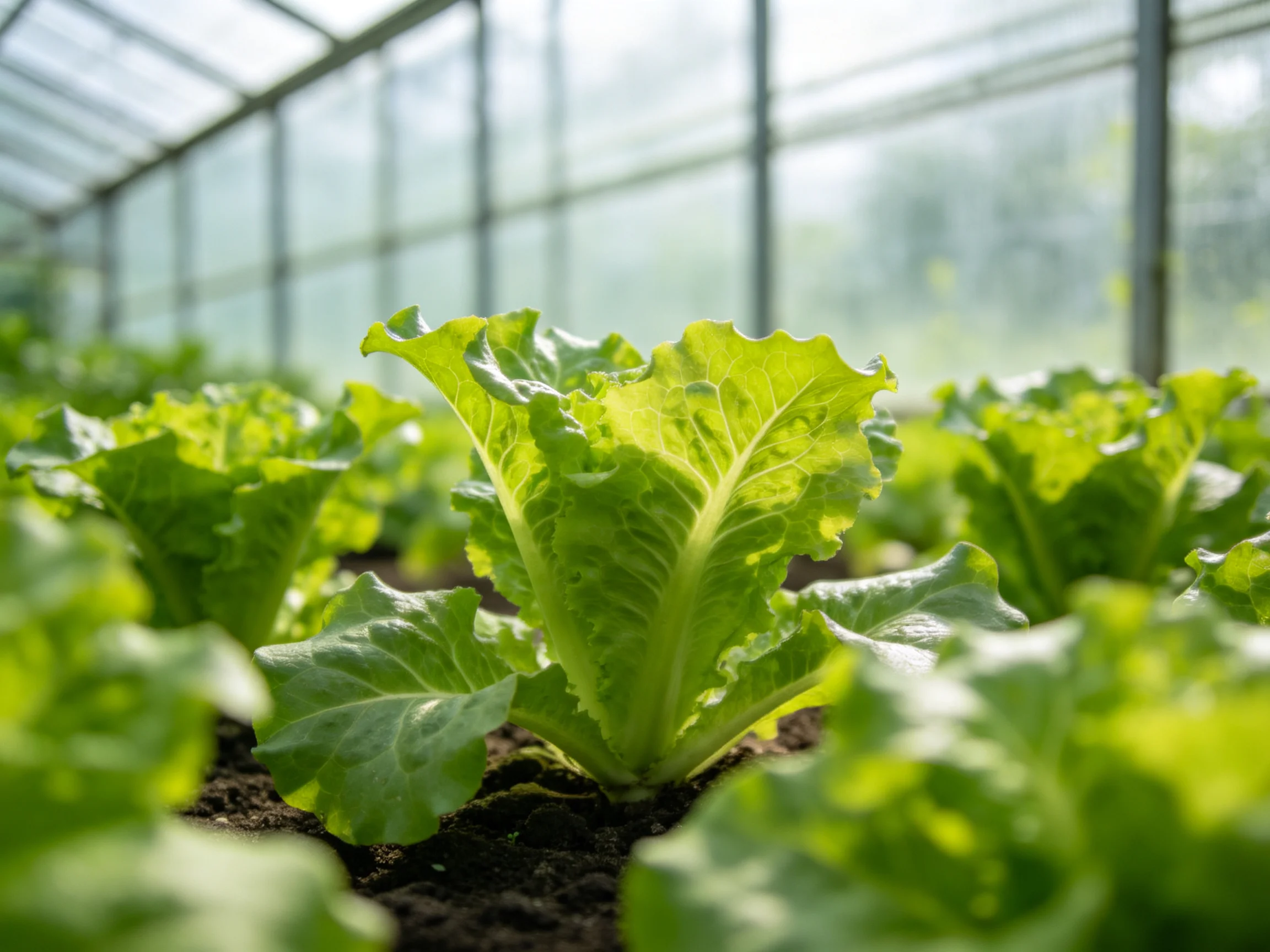 Fresh green lettuce thriving in a sunlit greenhouse