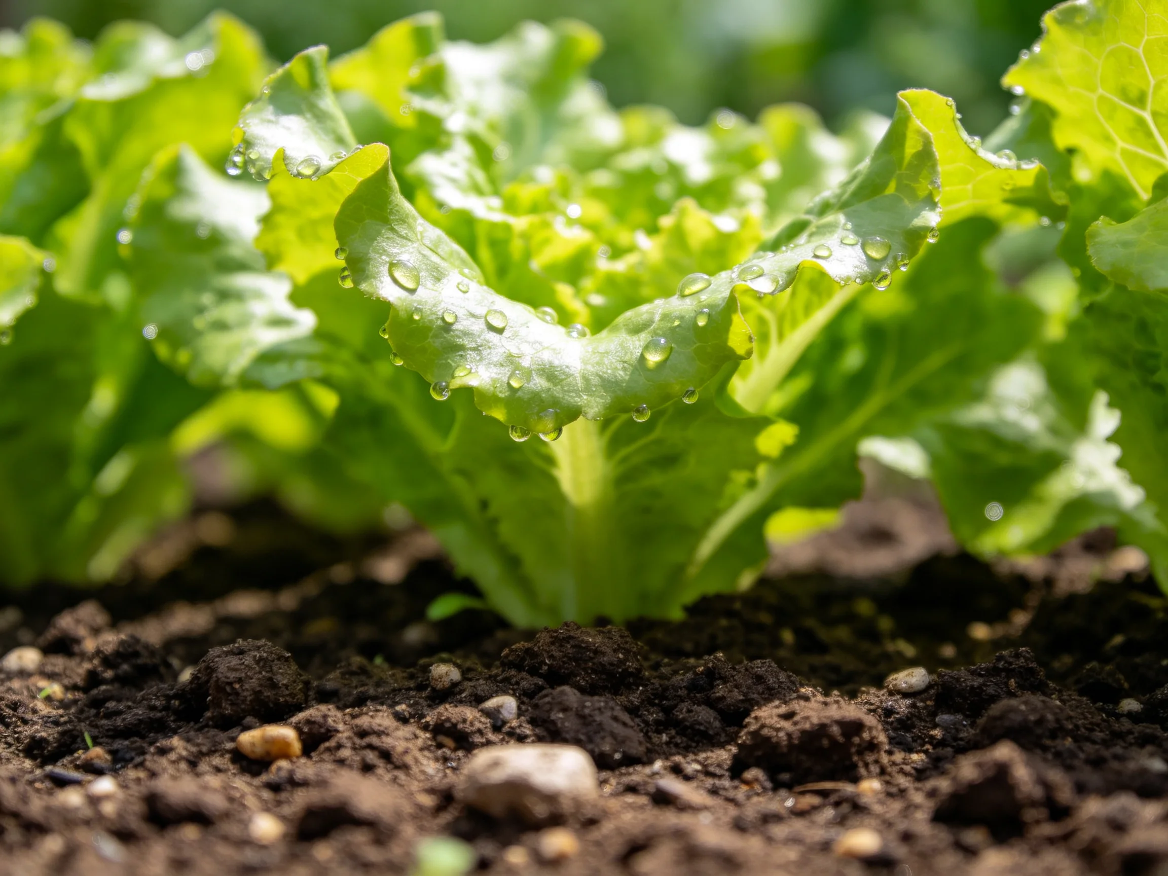 Fresh green lettuce with water droplets growing in dark fertile soil