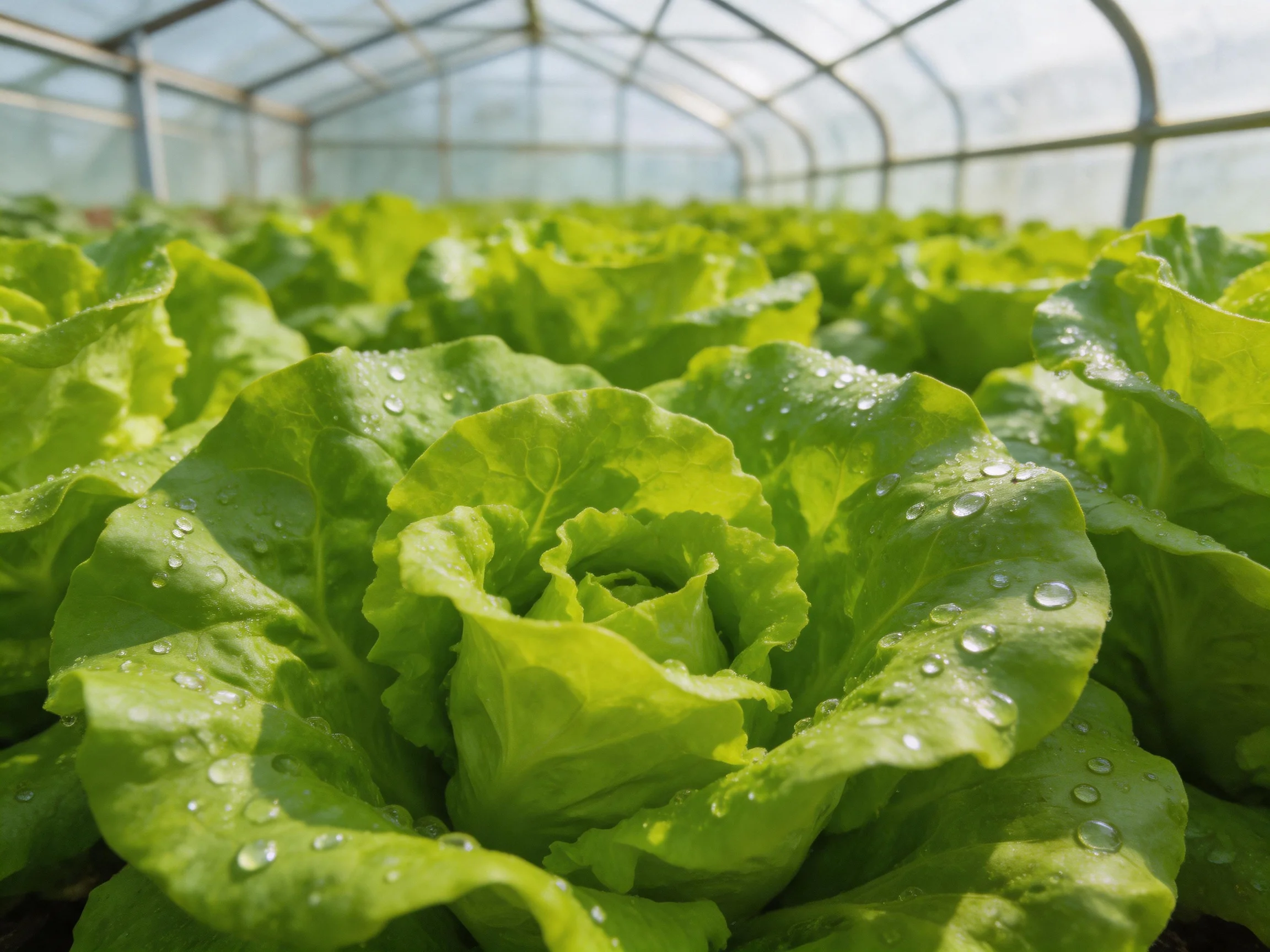 Fresh green lettuce with water droplets in a greenhouse