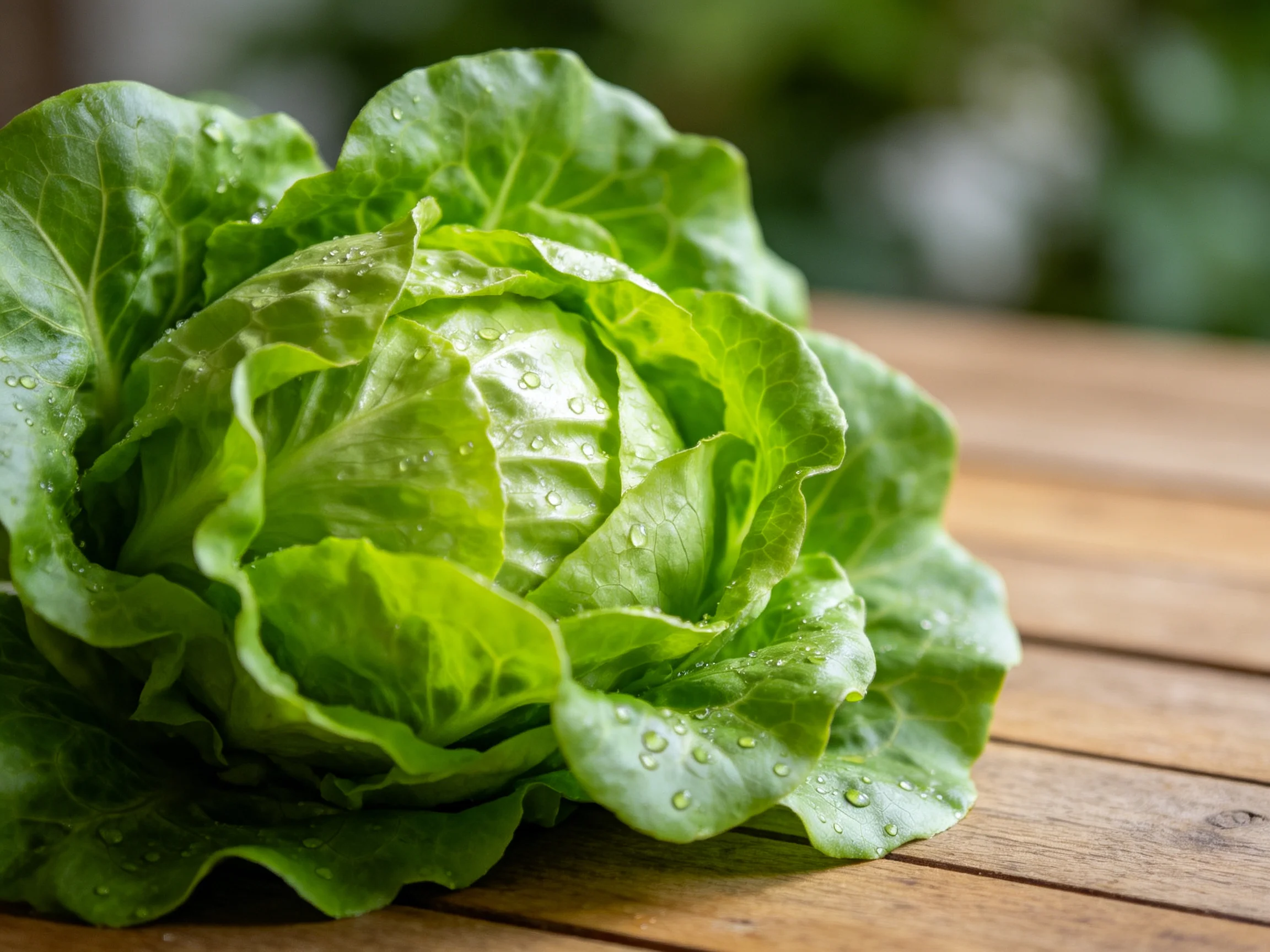 Fresh green lettuce with water droplets on a wooden table