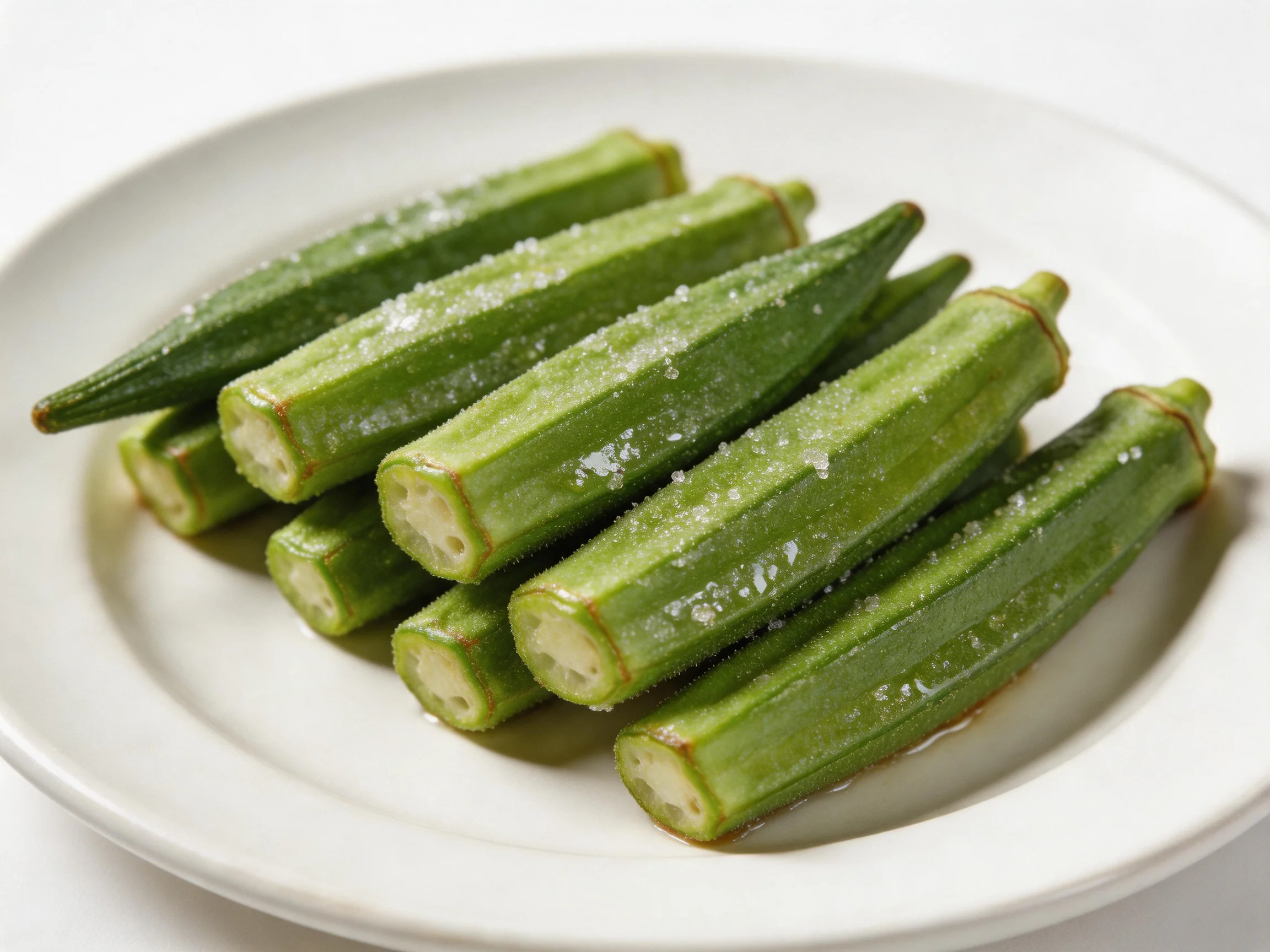 Fresh green okra dusted with salt on a plain white plate