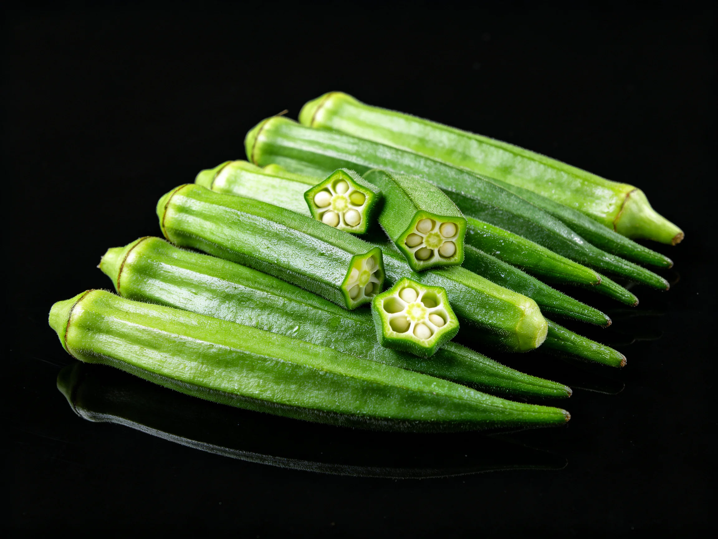 Fresh green okra pods arranged with cross-sections displayed against a black backdrop