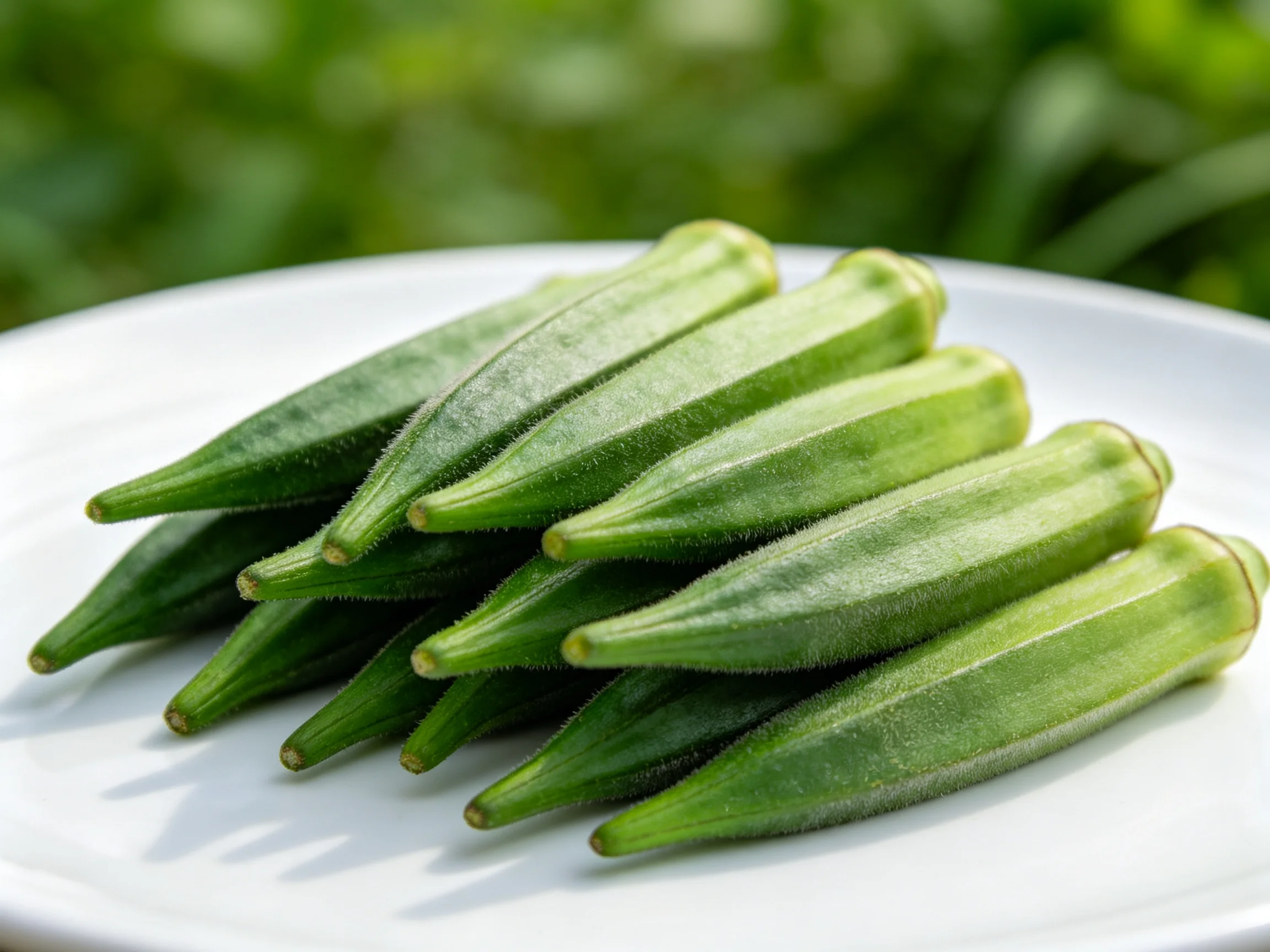 Fresh green okra pods stacked on a white plate in a lush outdoor setting