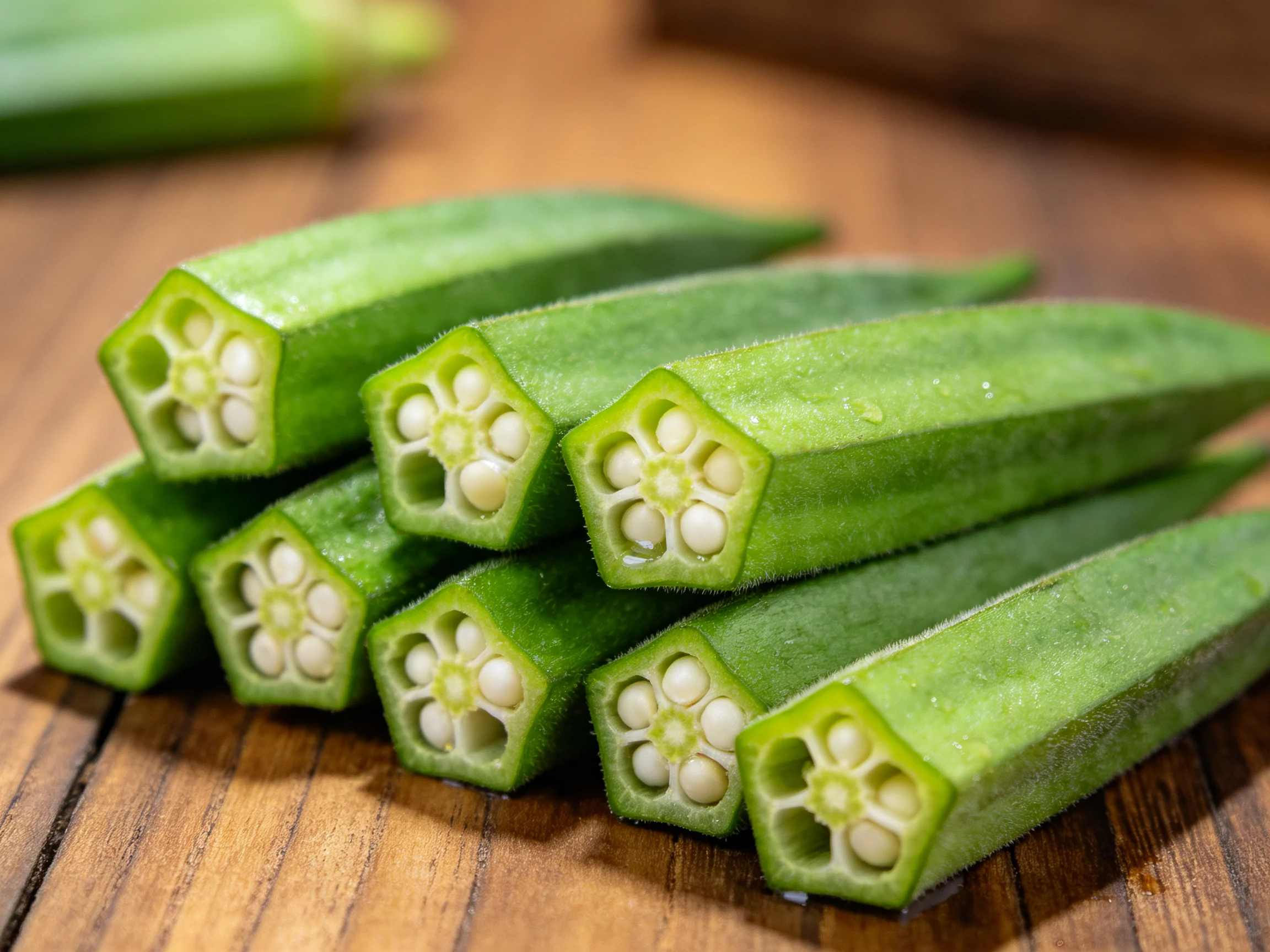Fresh green okra slices arranged on a wooden surface