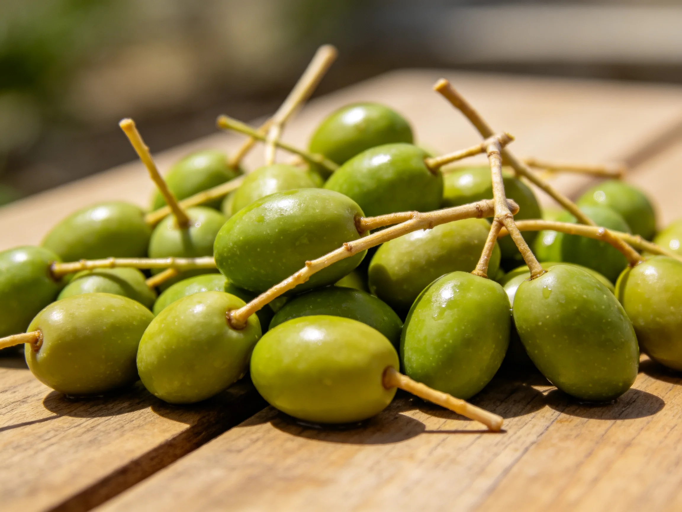 Fresh green olives clustered on a wooden surface with attached stems