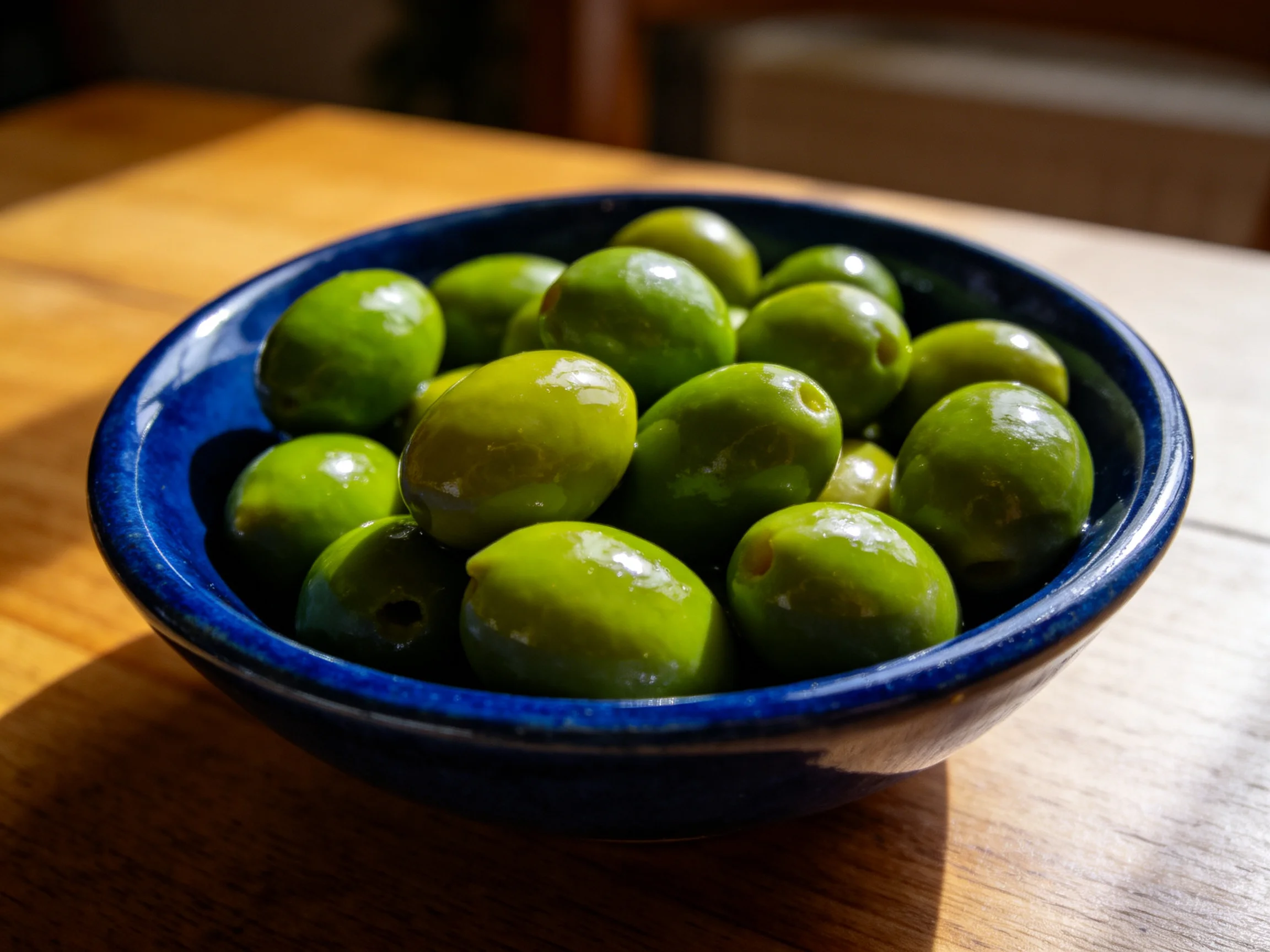Fresh green olives in a dark blue ceramic bowl on a wooden table