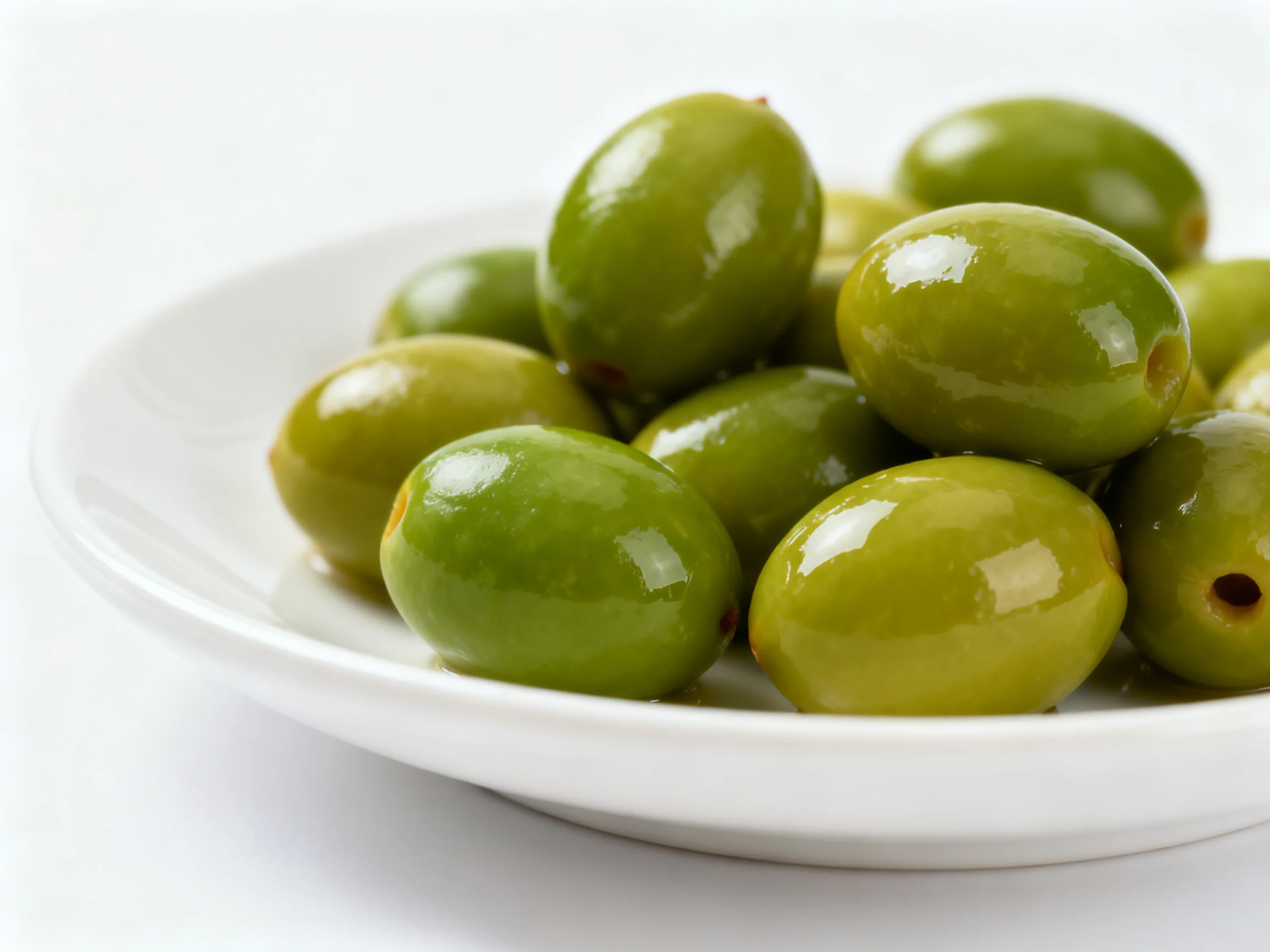 Fresh green olives piled in a glossy white shallow dish