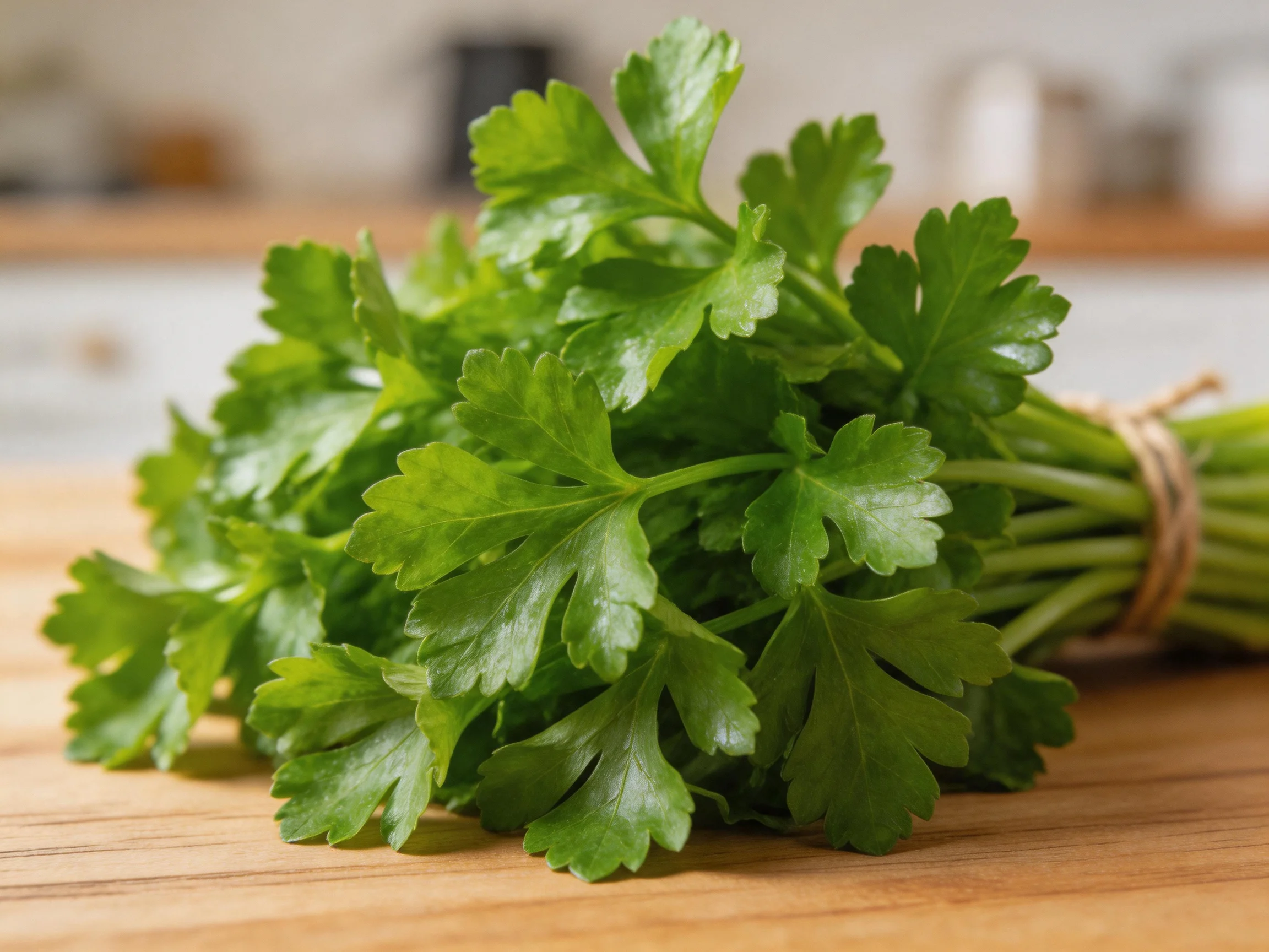 Fresh green parsley bundle tied together on wooden surface