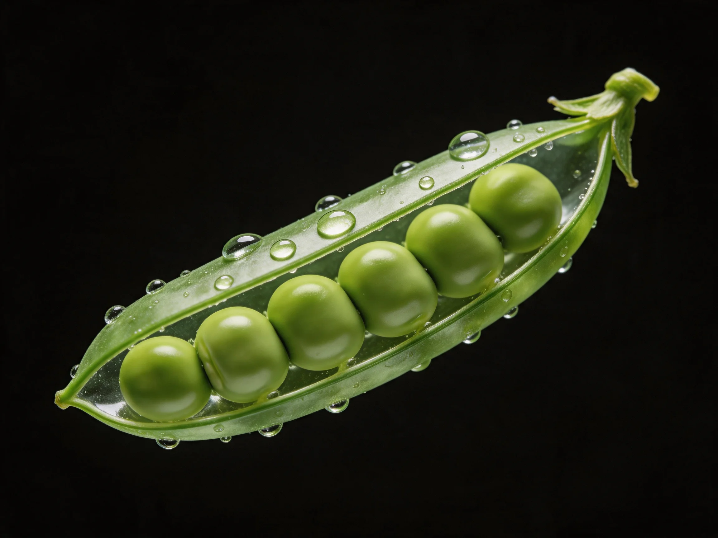 Fresh green pea pod with six peas and water droplets