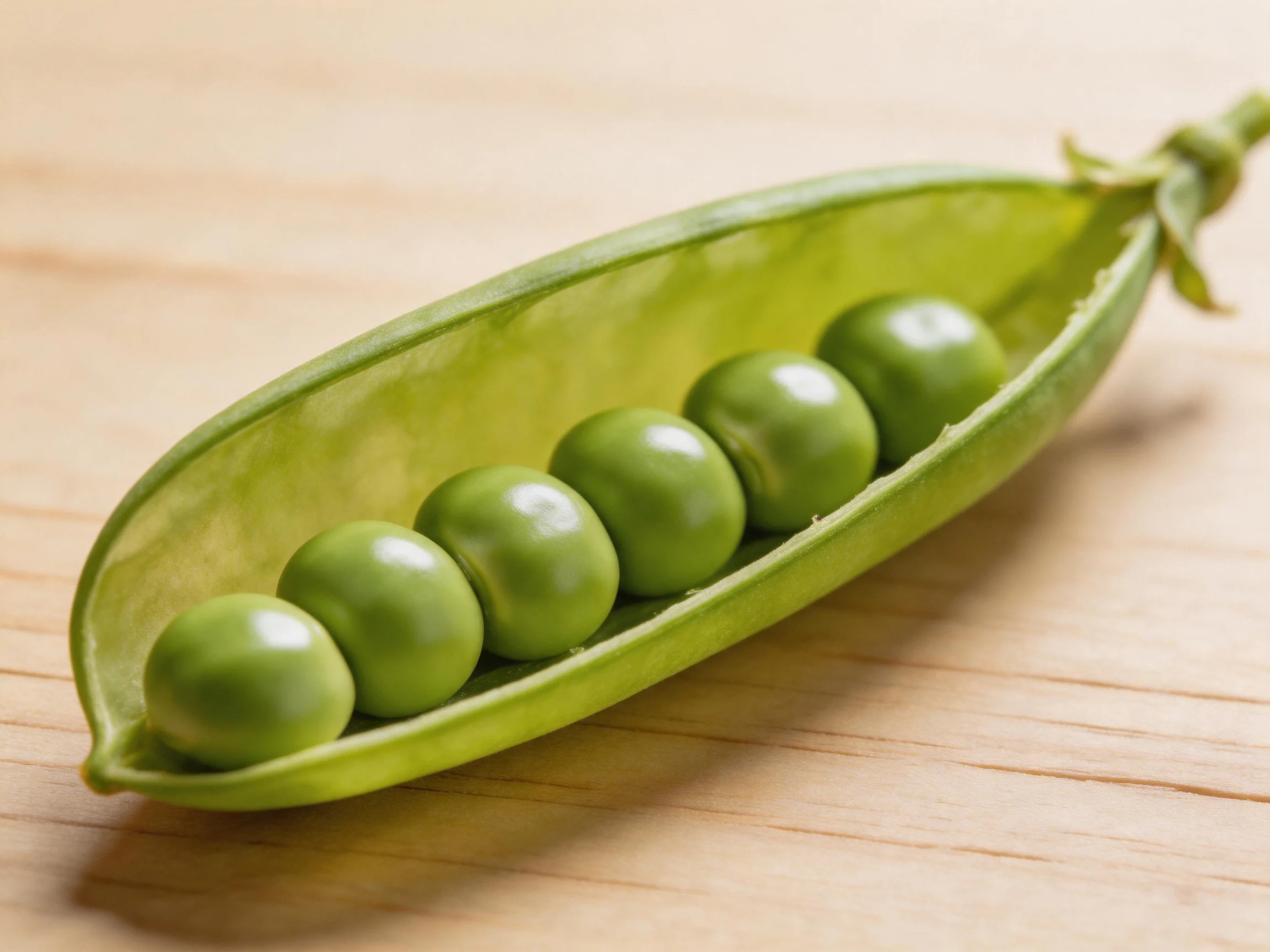 Fresh green pea pod with six peas on a wooden surface