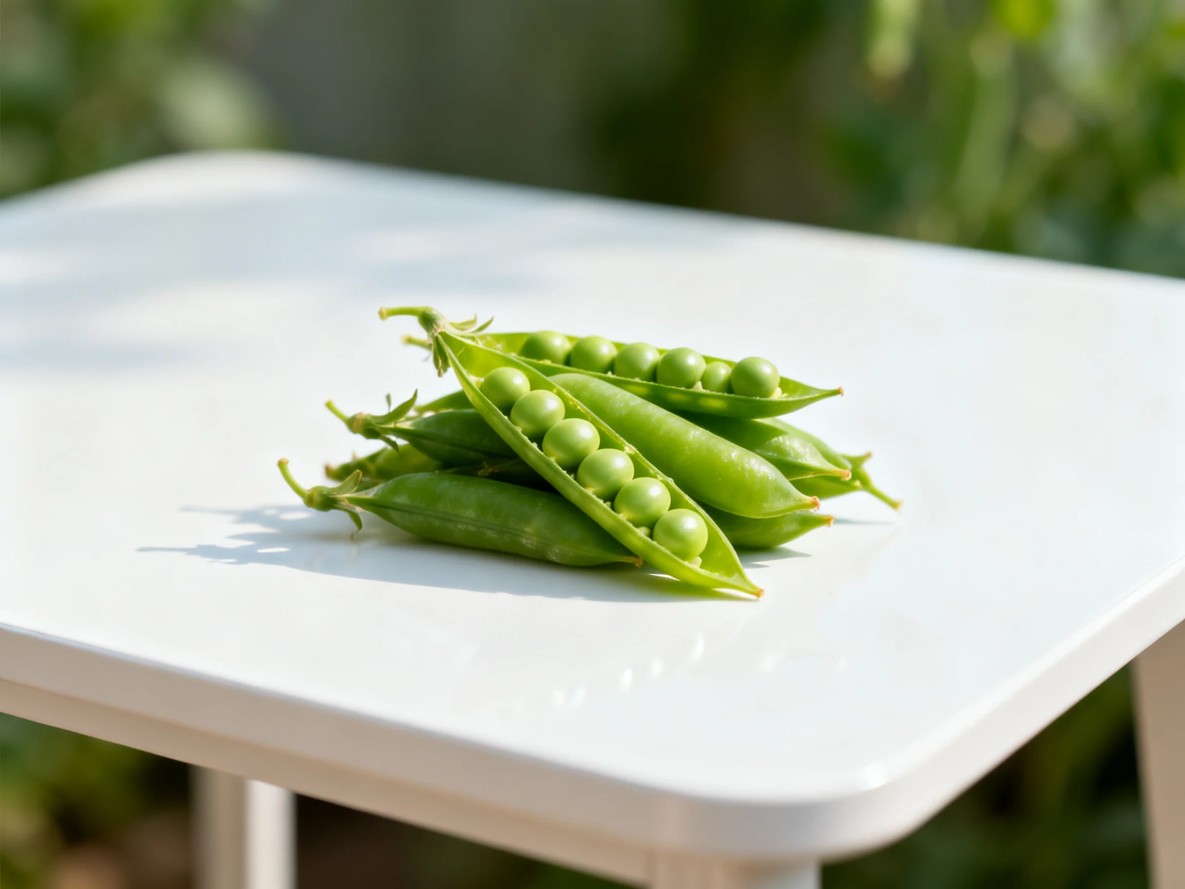 Fresh green pea pods clustered on a white outdoor table