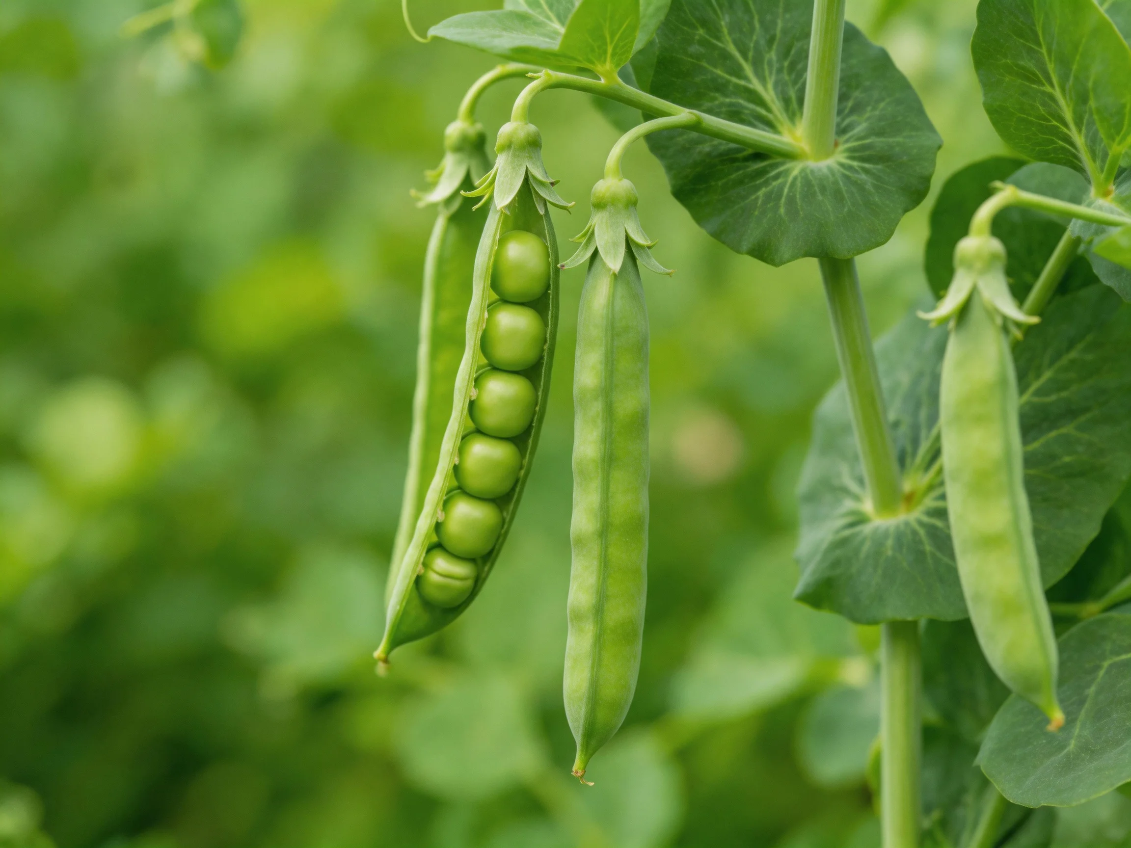 Fresh green pea pods hanging from a lush plant with broad leaves