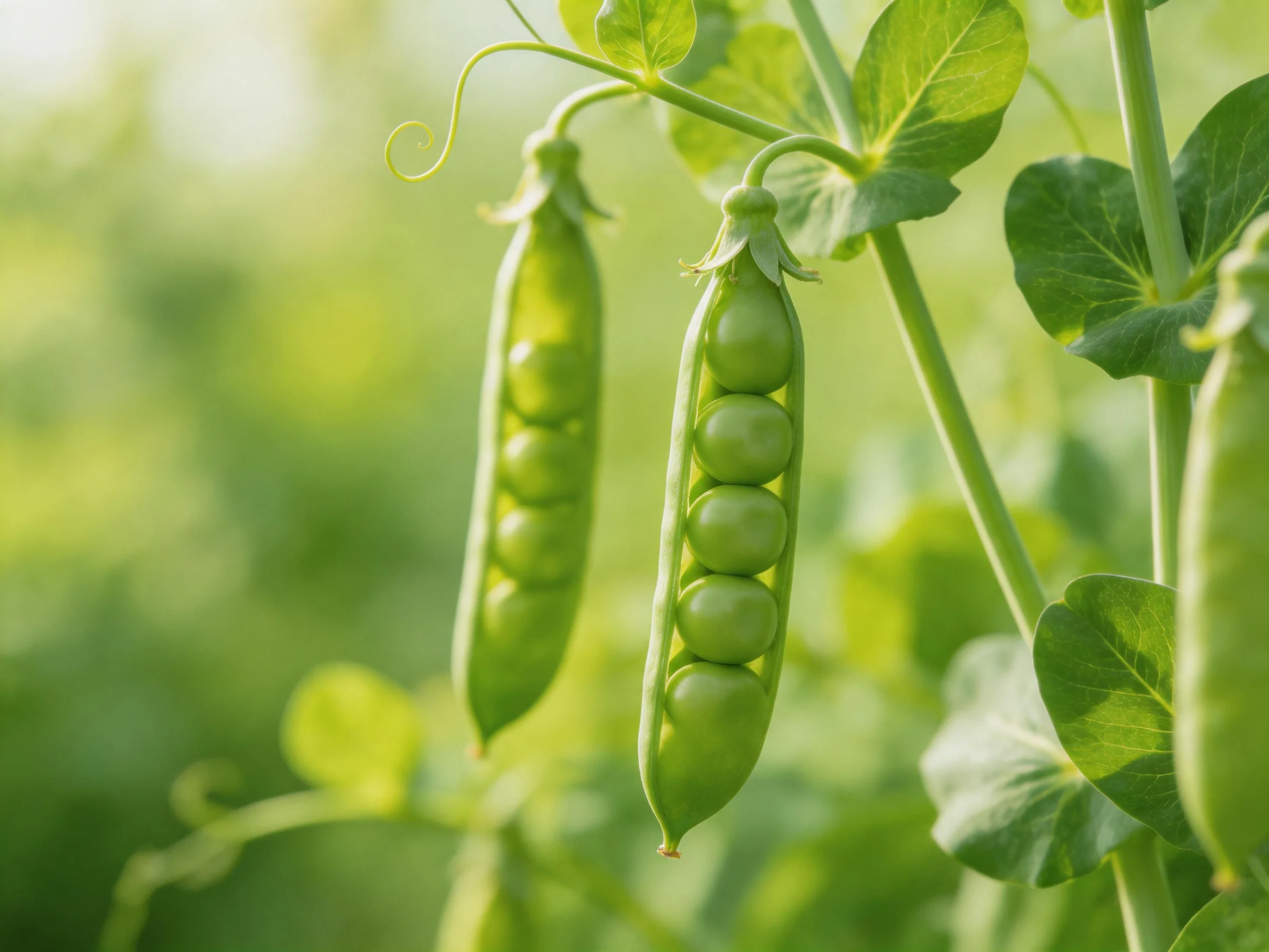 Fresh green pea pods hanging from vines with vibrant foliage