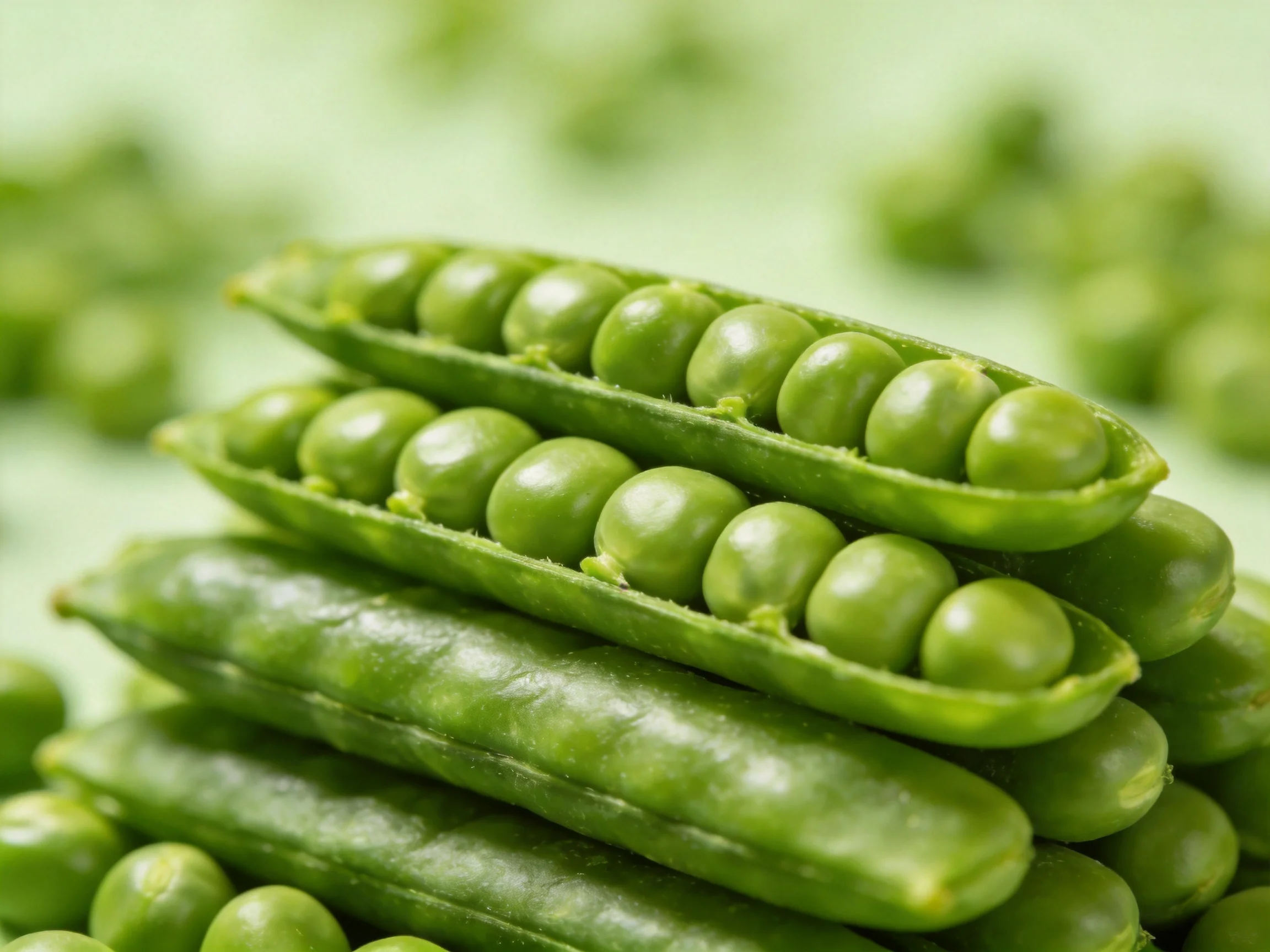 Fresh green pea pods stacked with plump peas exposed