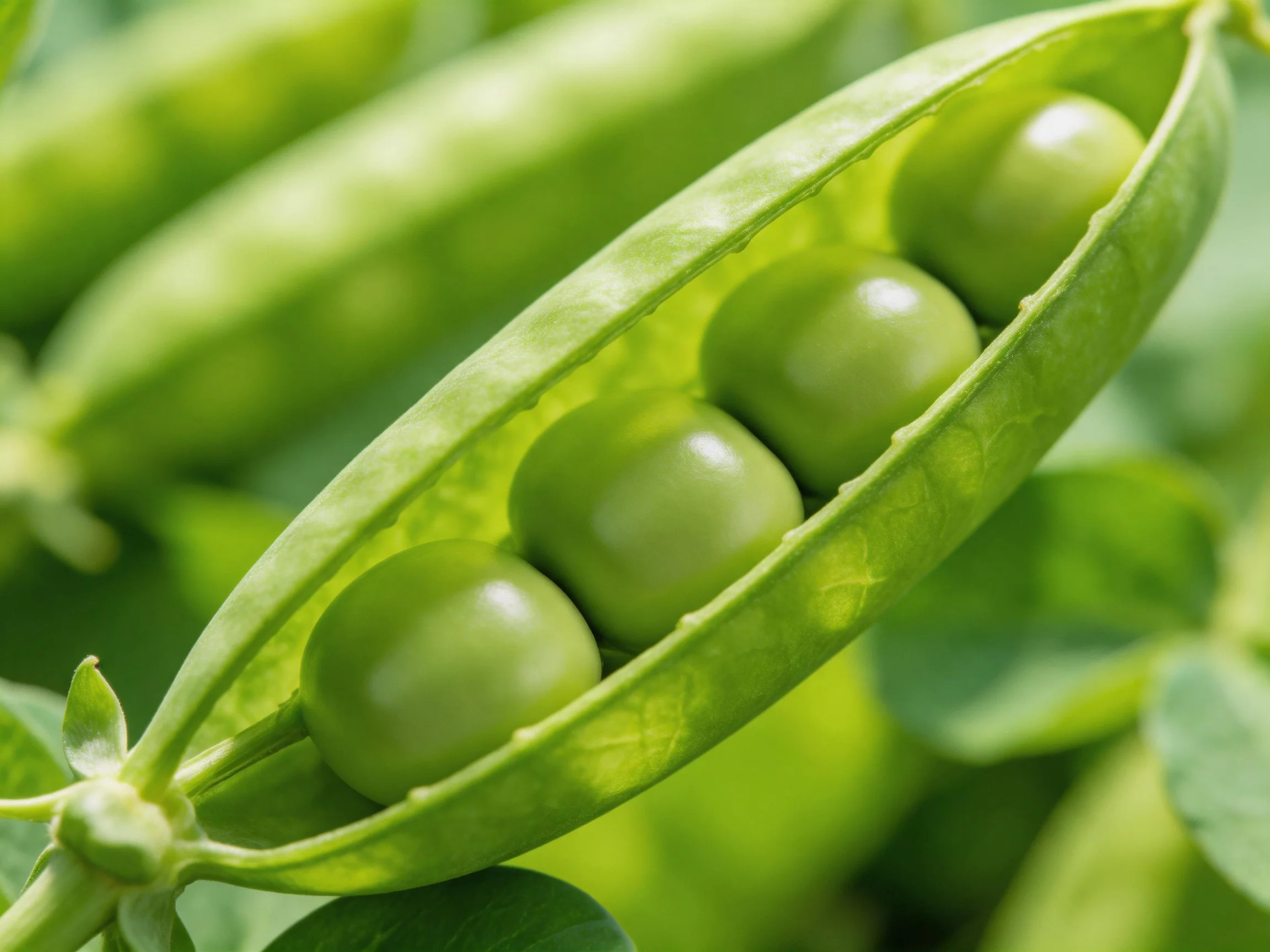 Fresh green pea pods with four round peas in natural light
