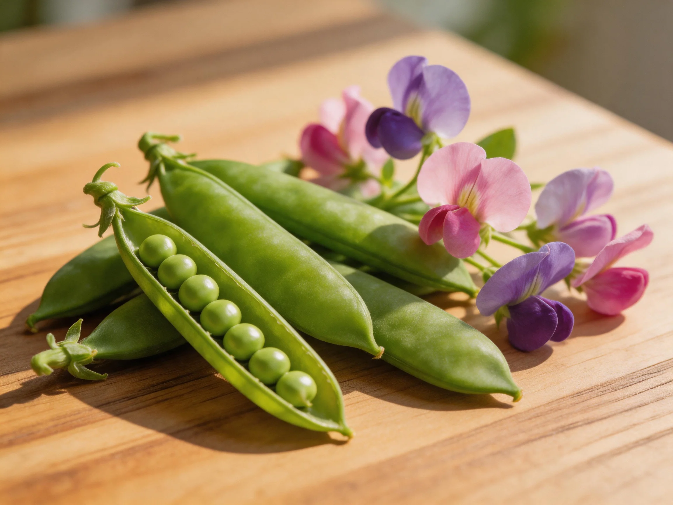 Fresh green pea pods with purple-pink sweet pea flowers on wooden surface