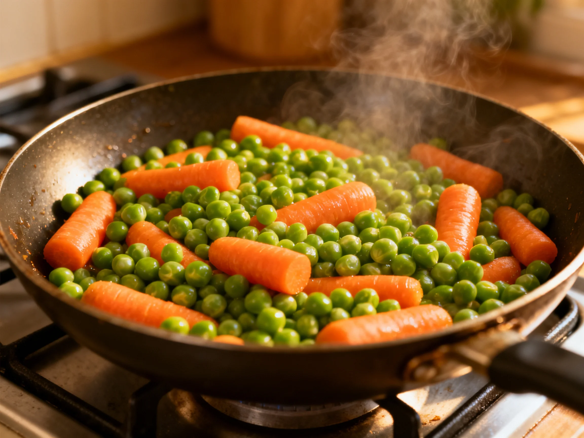 Fresh green peas and baby carrots sizzling in a black frying pan