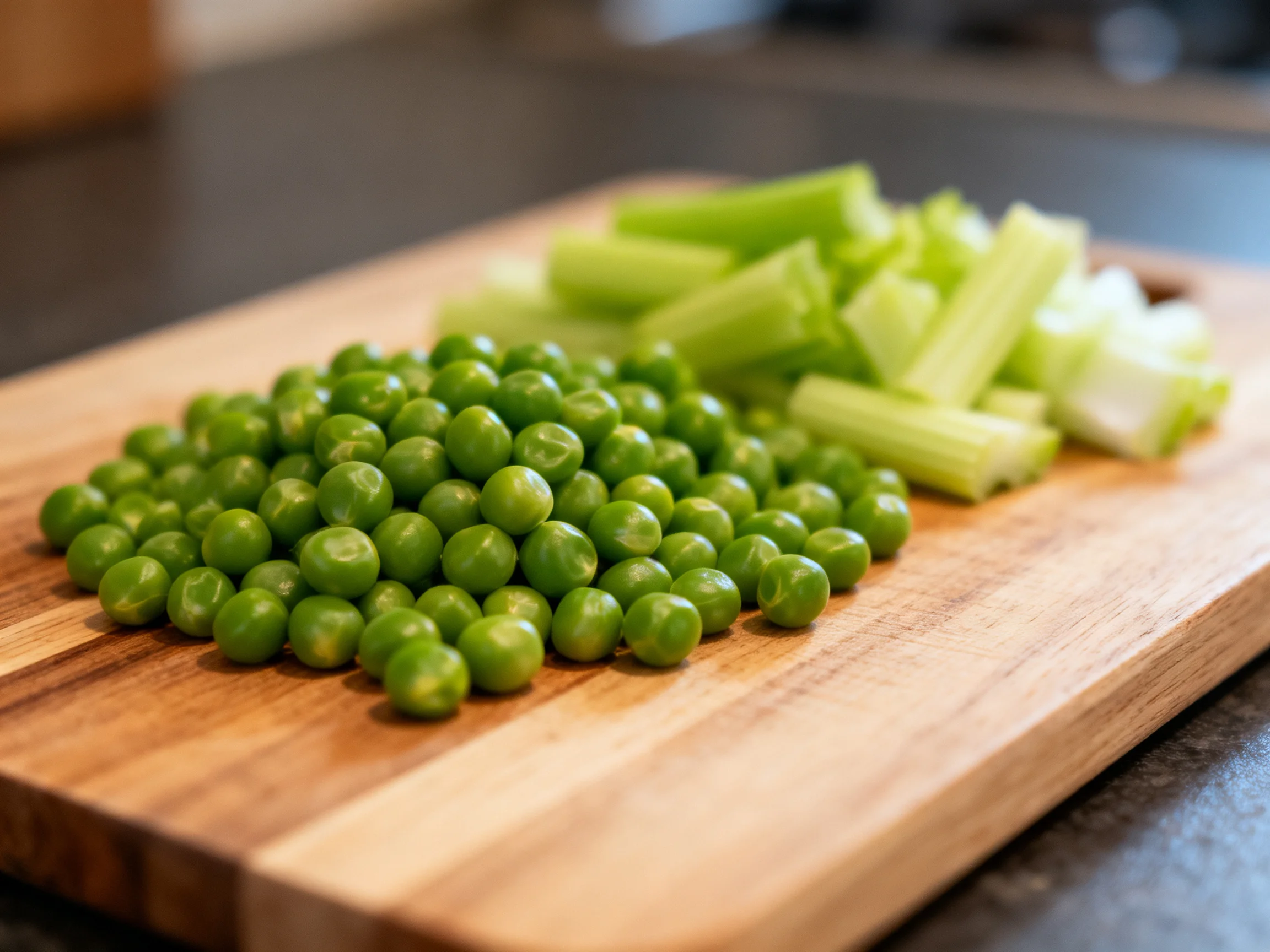 Fresh green peas and celery pieces on a wooden cutting board