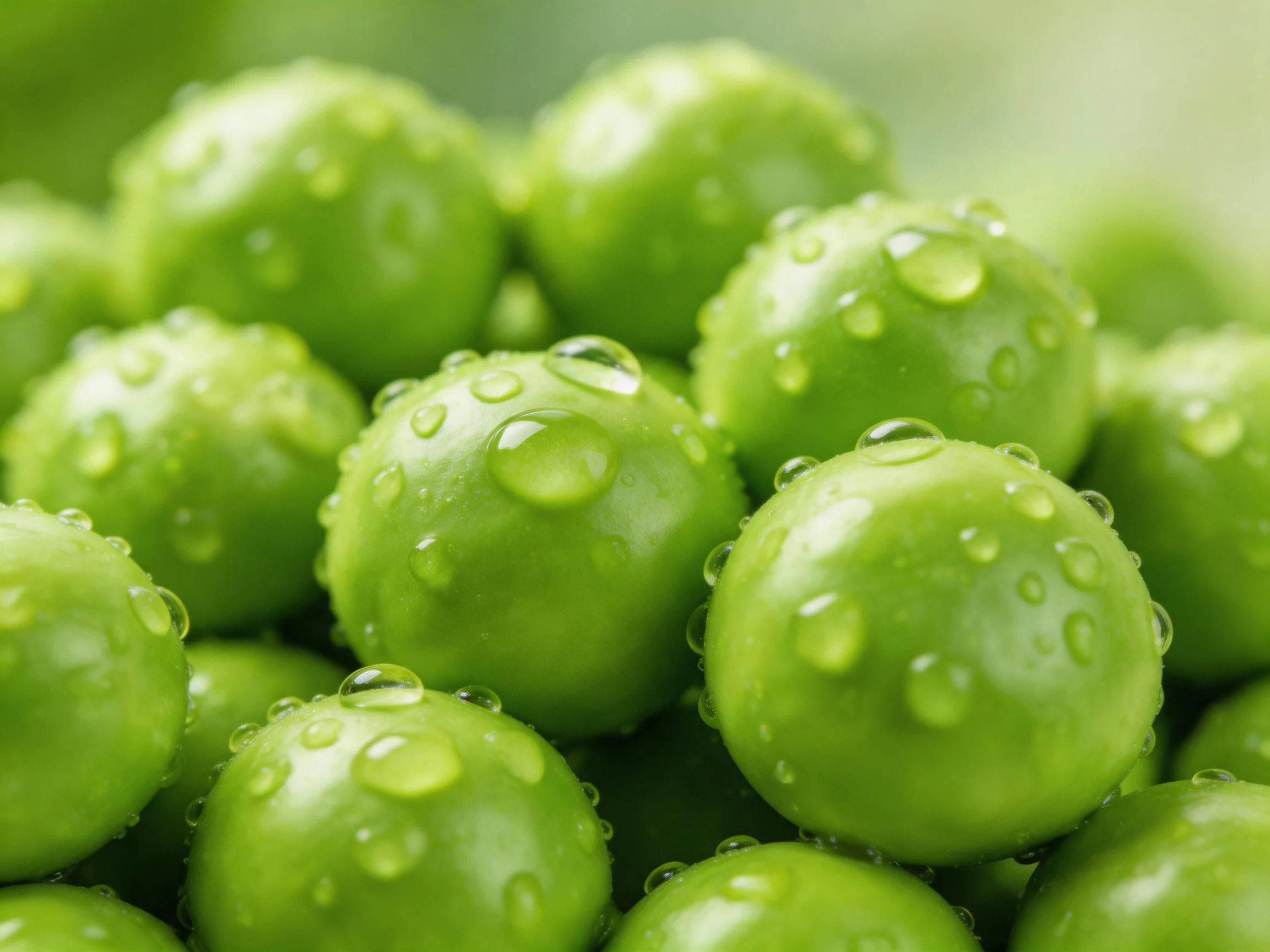 Fresh green peas clustered with glistening water droplets