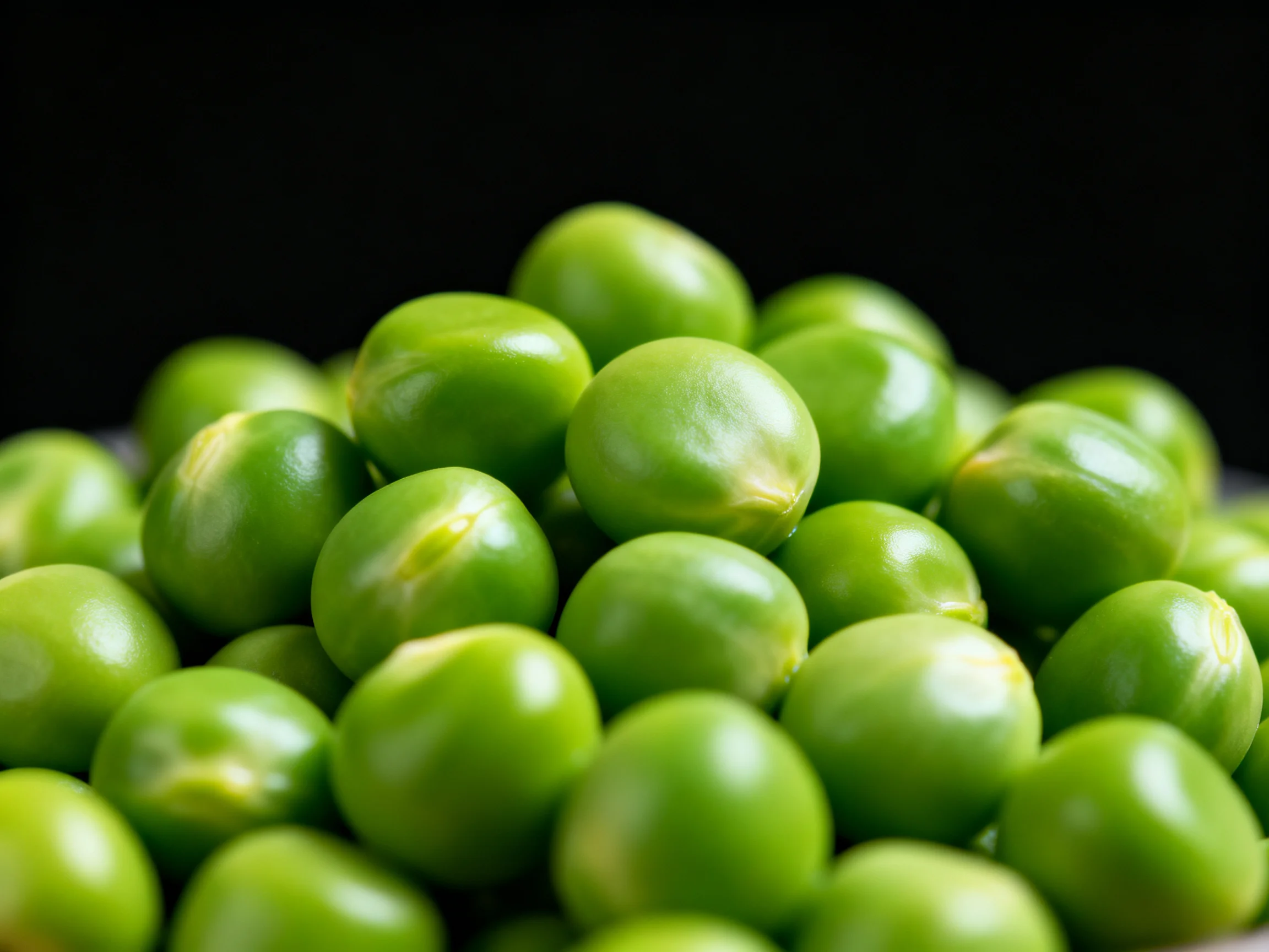 Fresh green peas piled closely together against a black background