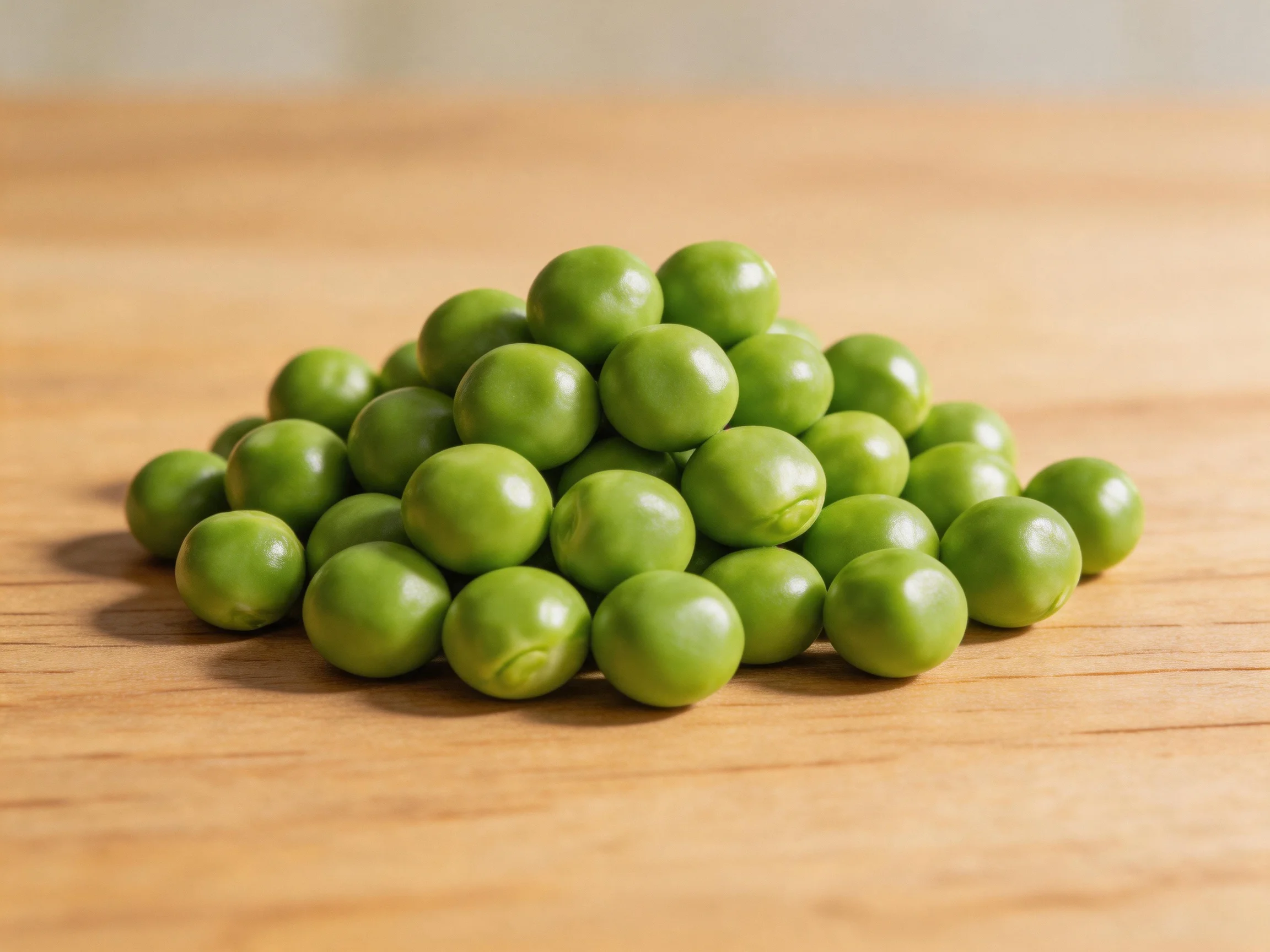 Fresh green peas piled high on a wooden surface