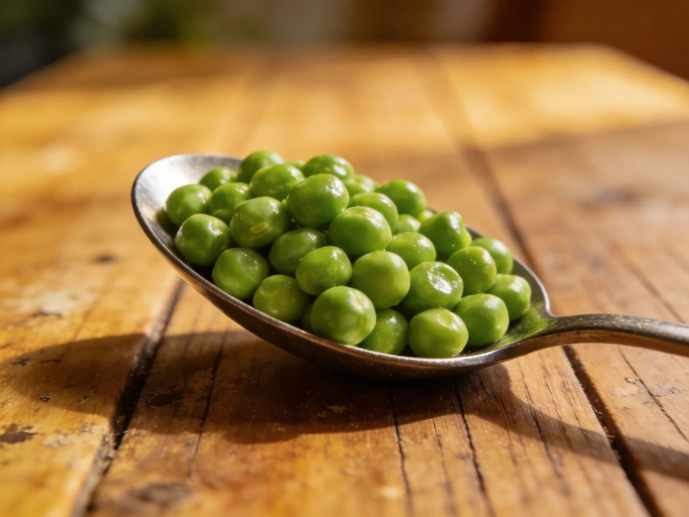 Fresh green peas piled in a metal spoon on a rustic wooden surface
