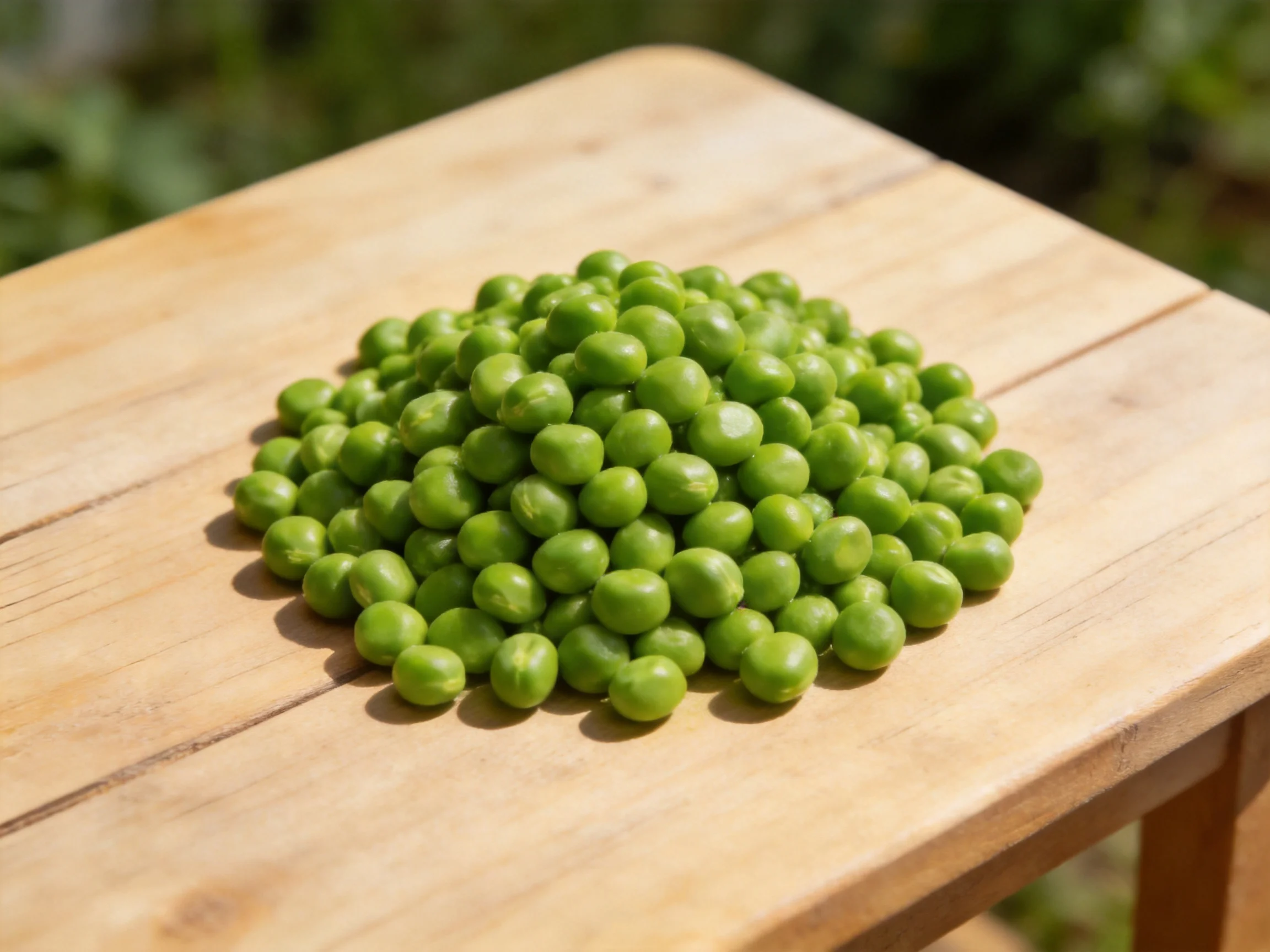 Fresh green peas piled on a light wooden table