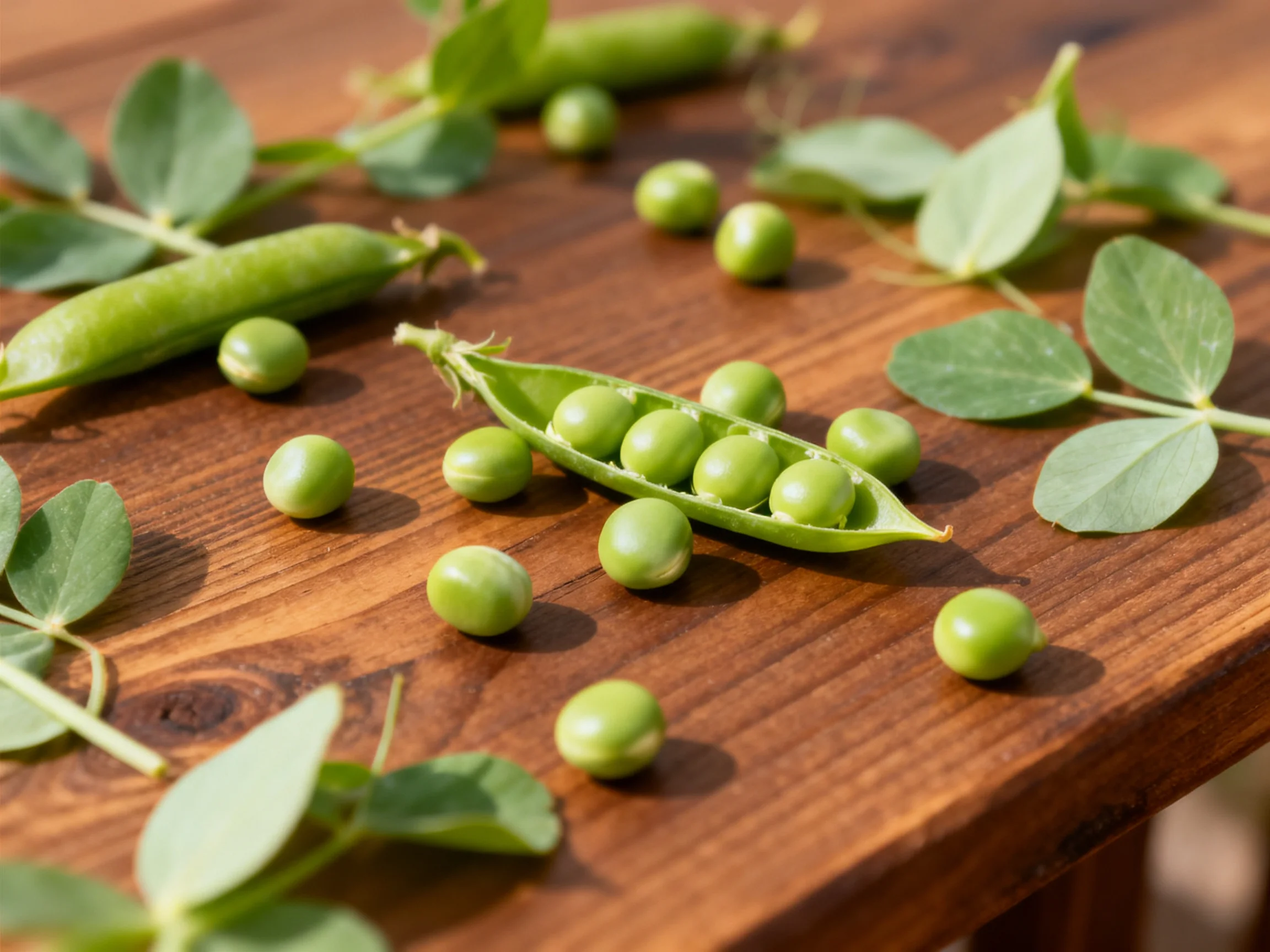 Fresh green peas, pods, and leaves on a wooden table