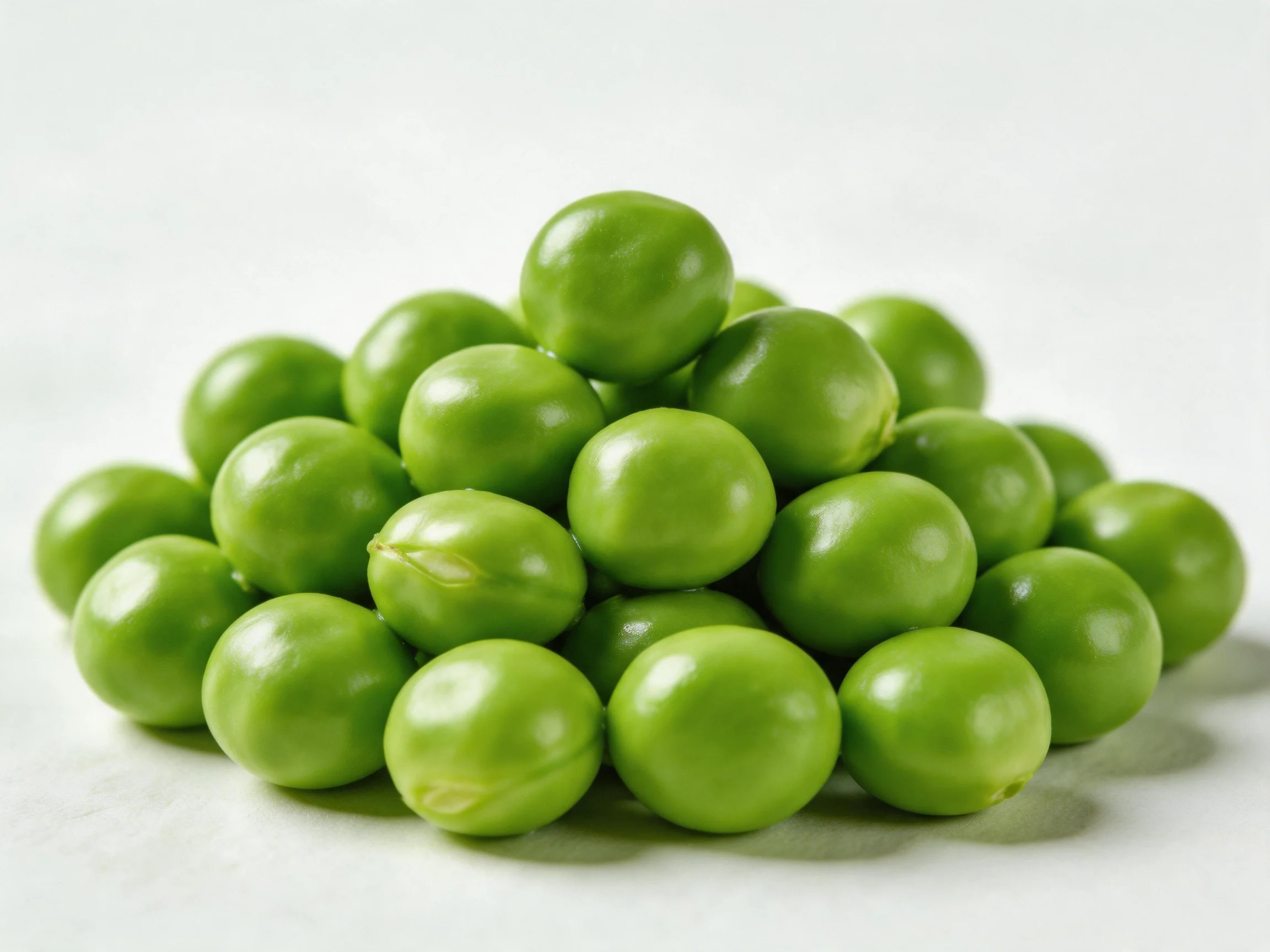 Fresh green peas stacked in a pyramid formation on a plain white surface