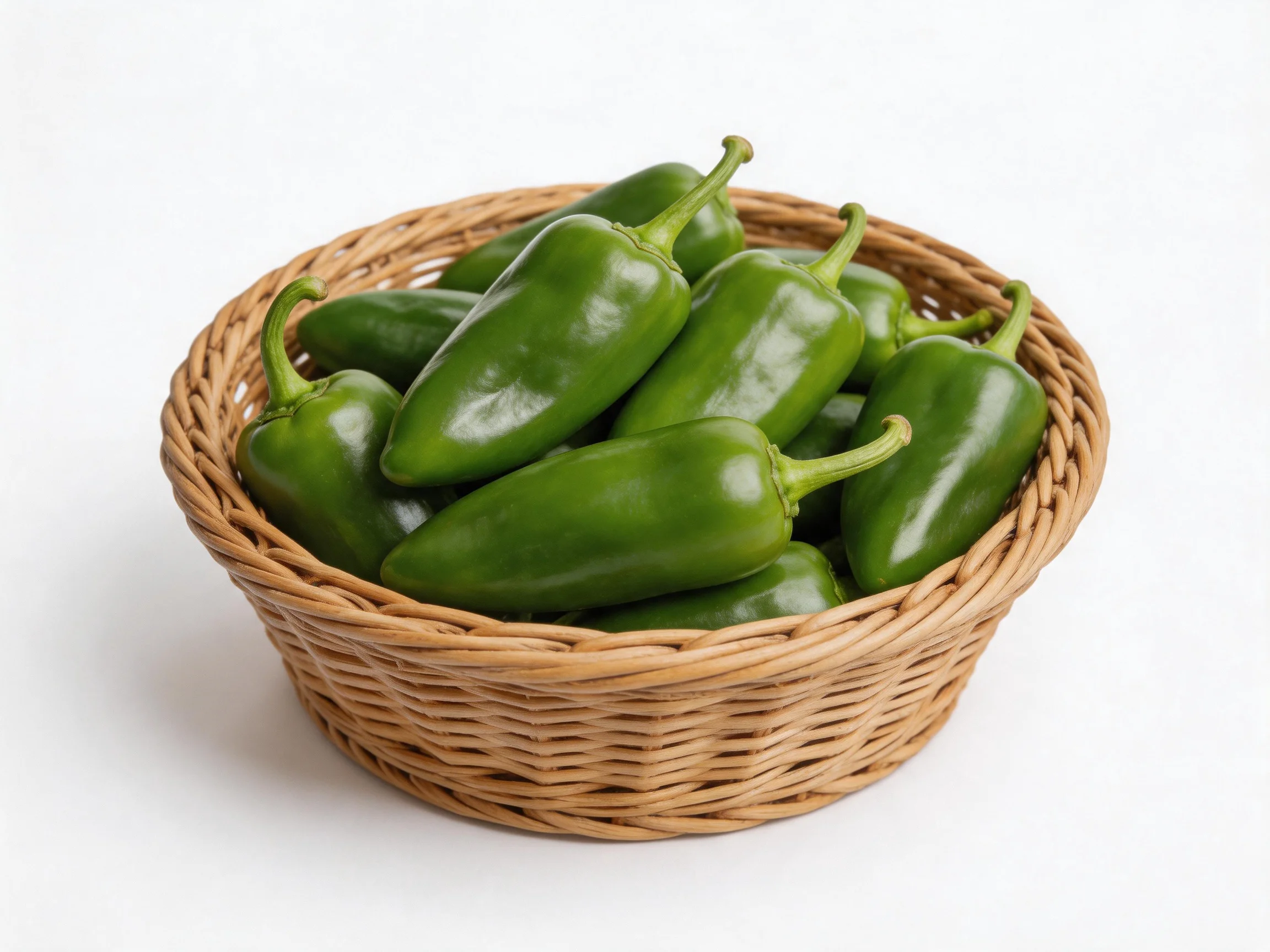 Fresh green peppers arranged in a woven wicker basket