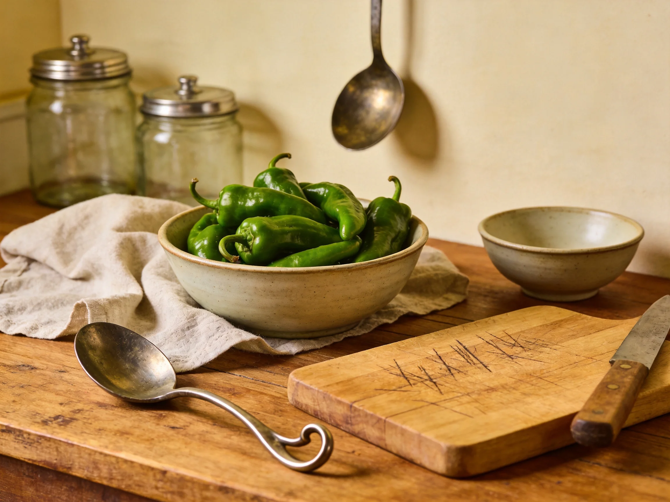 Fresh green peppers in a ceramic bowl on a wooden counter with glass jars, spoons, and a cutting boar
