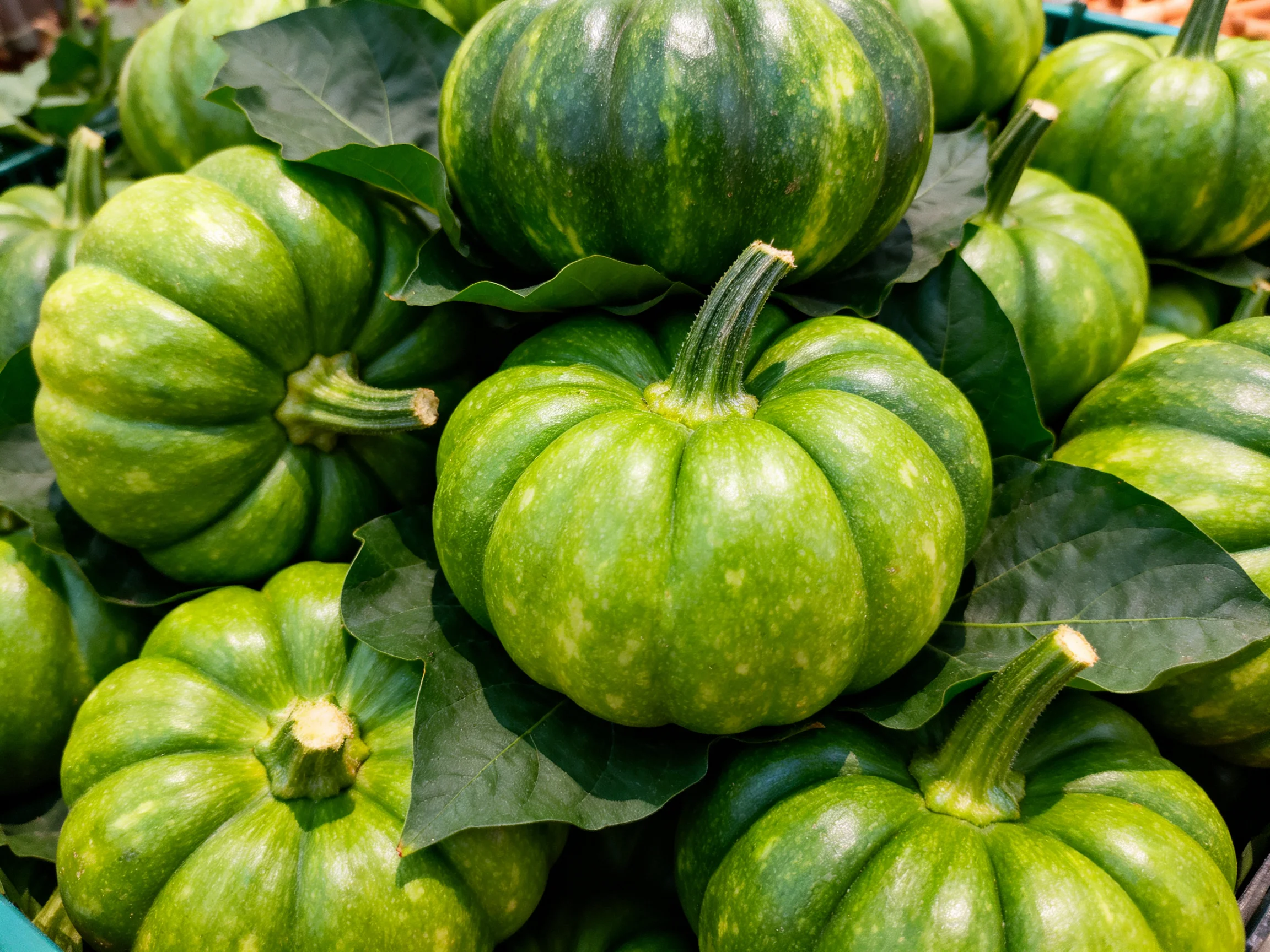 Fresh green pumpkins stacked amid dark foliage