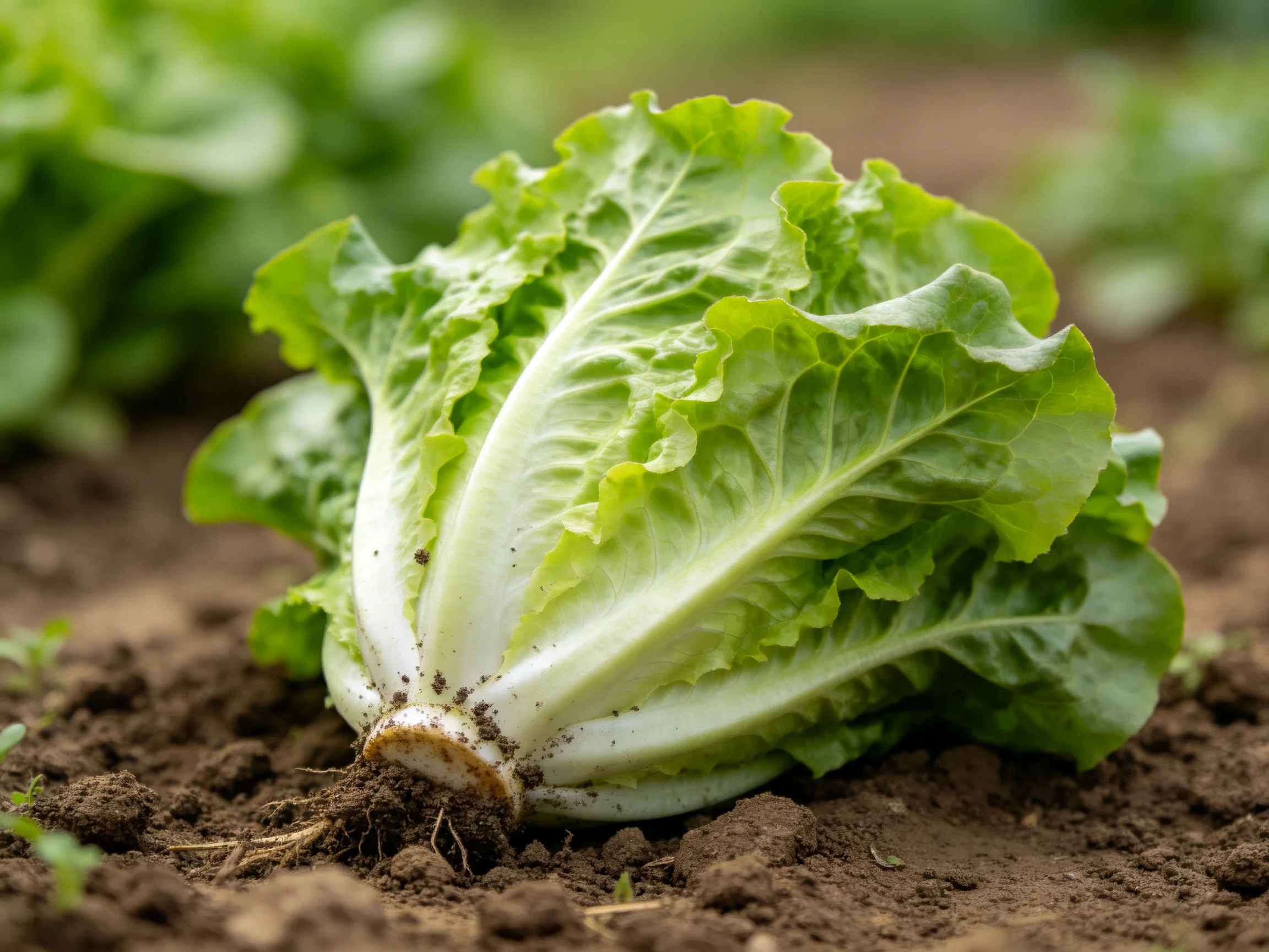Fresh green romaine lettuce head growing in fertile brown soil