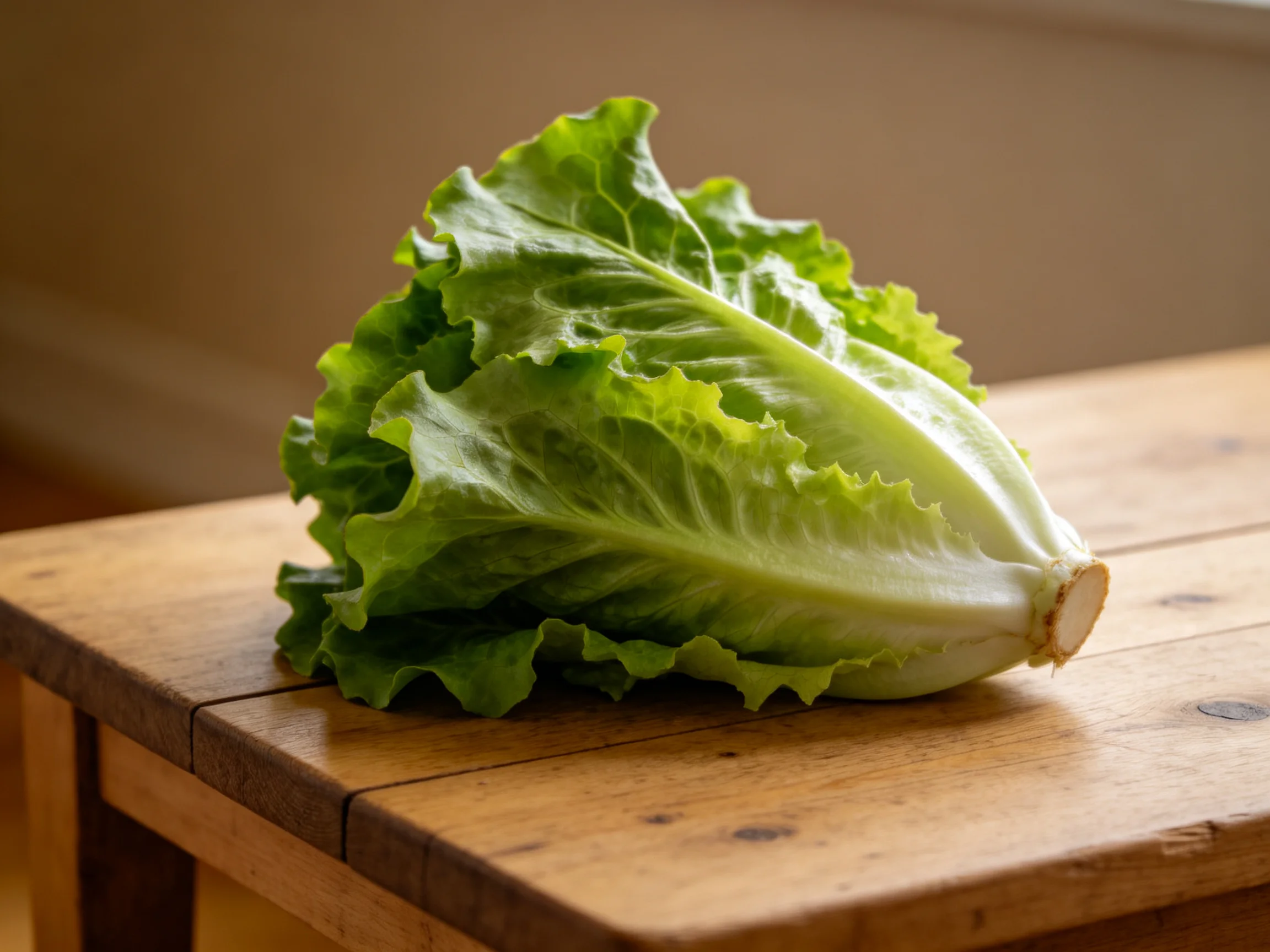 Fresh green romaine lettuce on a rustic wooden cutting board