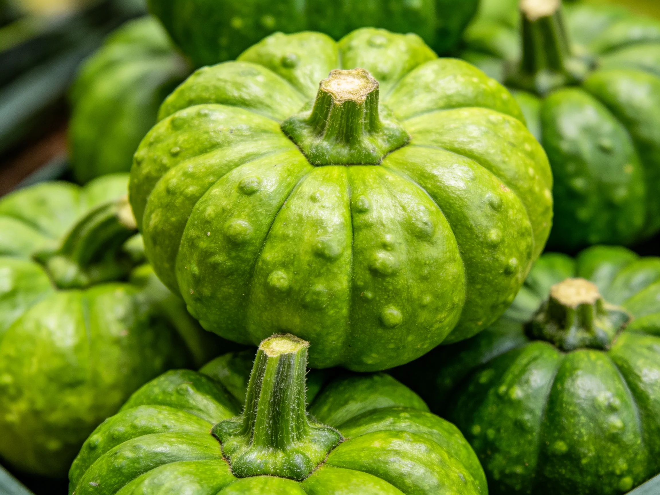 Fresh green round squashes clustered in a market display