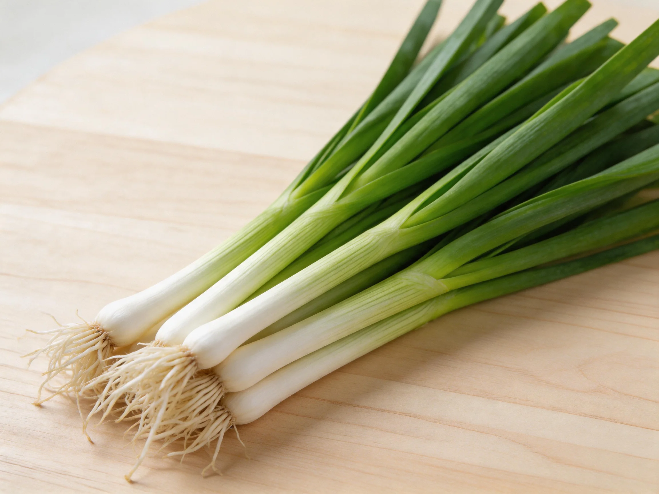 Fresh green scallion bundle on light wooden surface