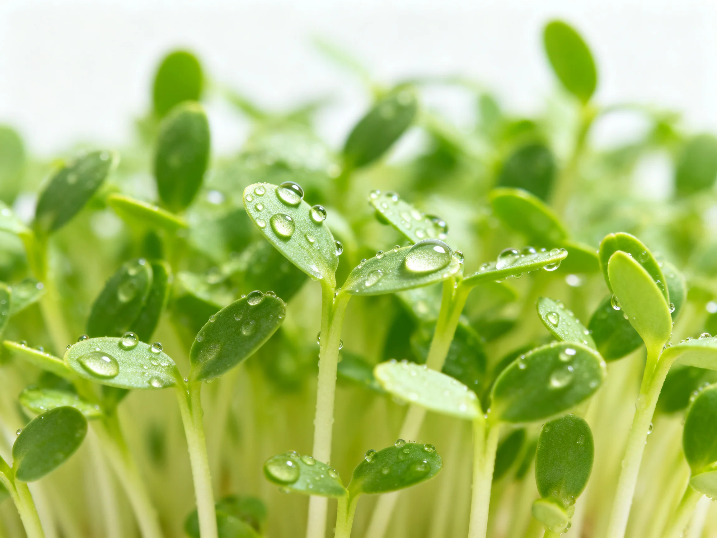 Fresh green seedlings with glistening water droplets
