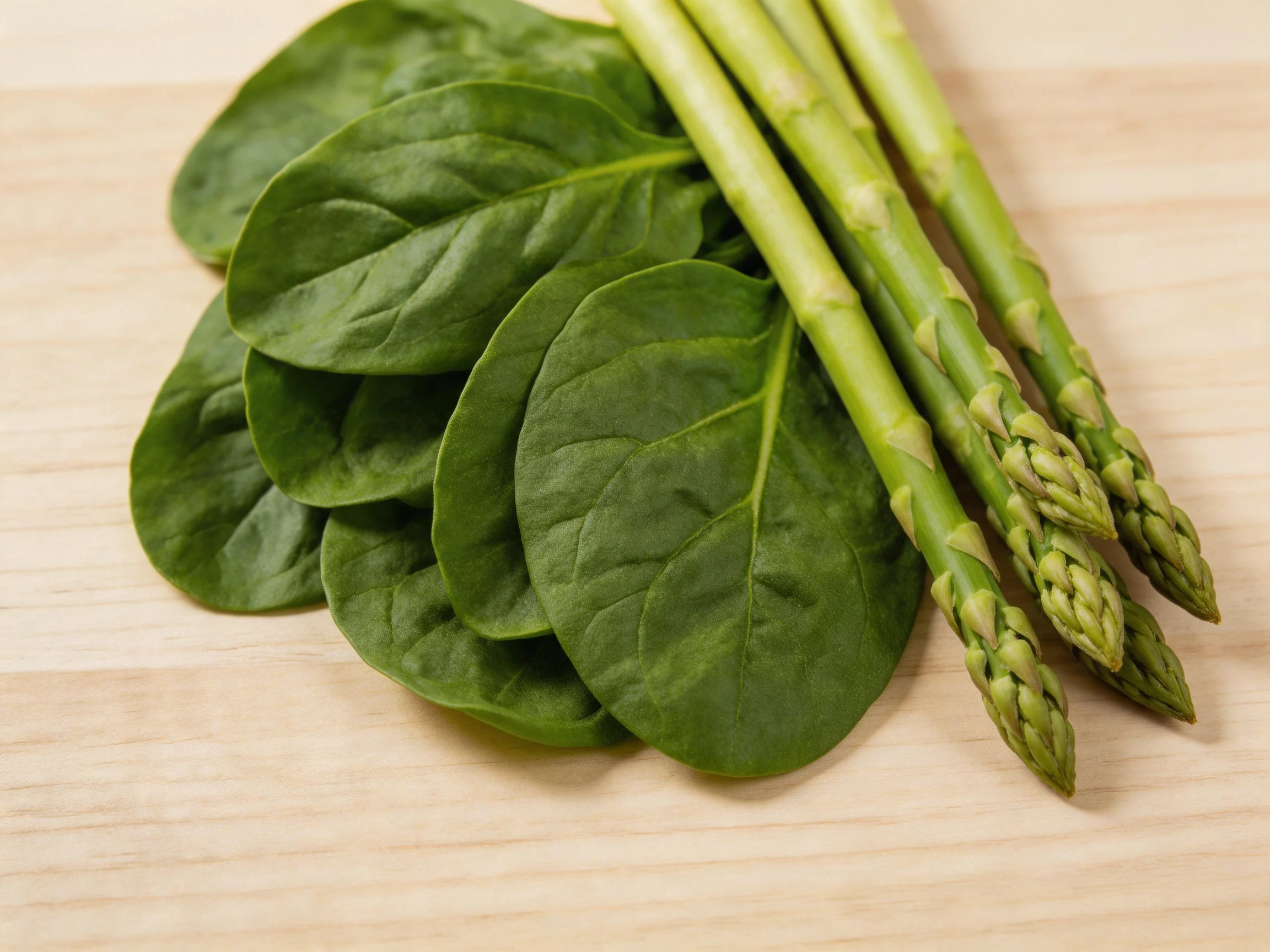Fresh green spinach leaves and four asparagus spears on a light wood surface