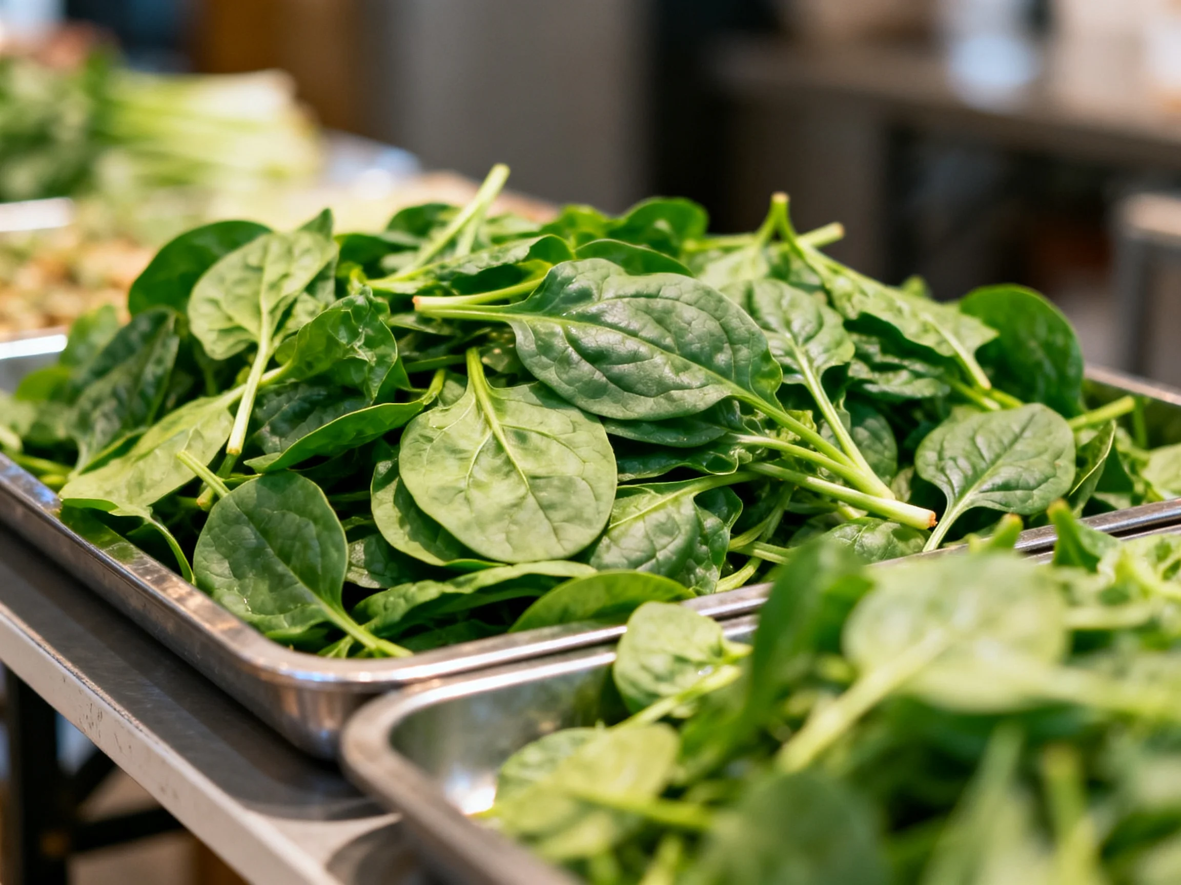 Fresh green spinach leaves piled in stainless steel containers