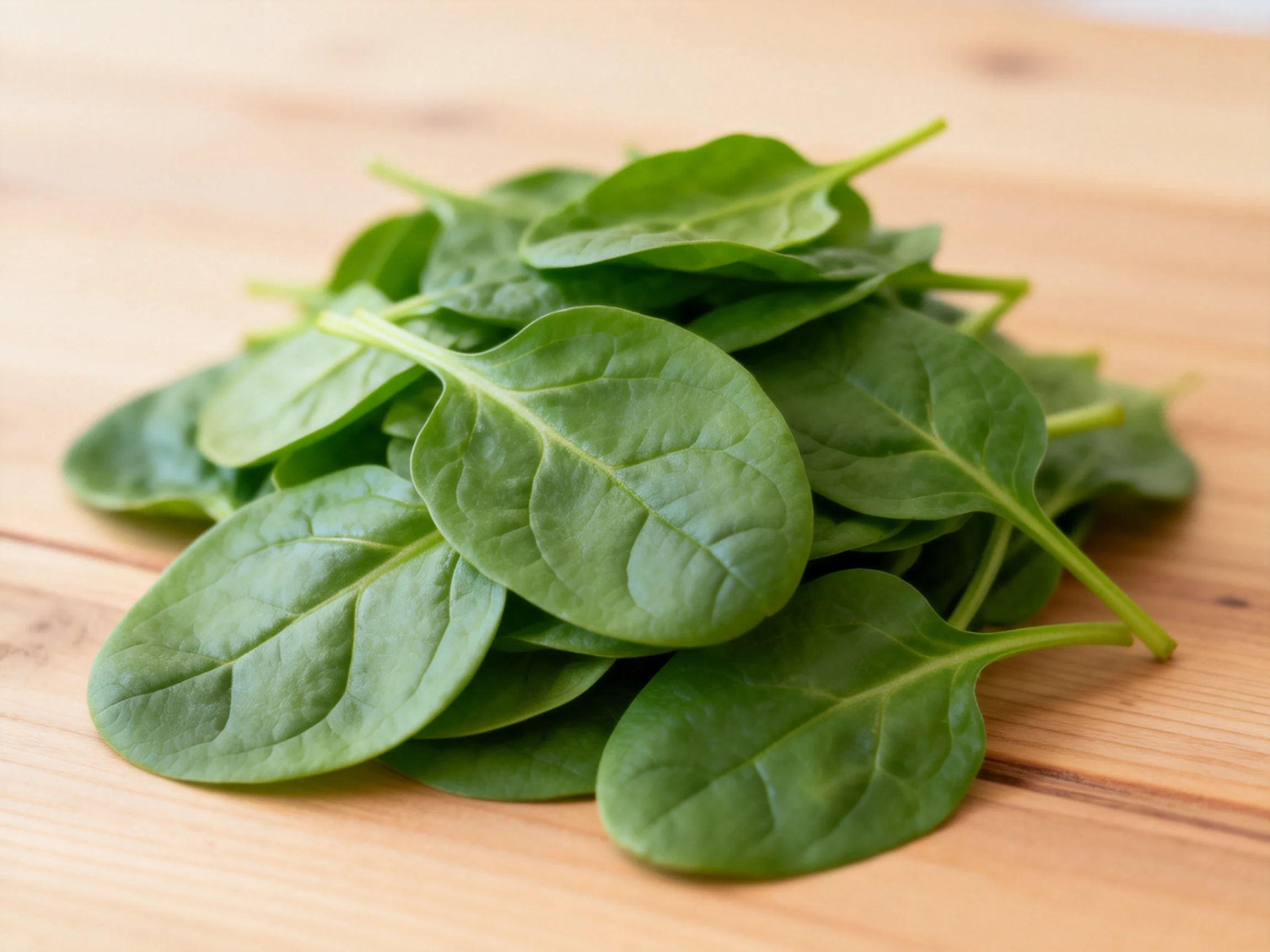 Fresh green spinach leaves piled on a light wooden surface