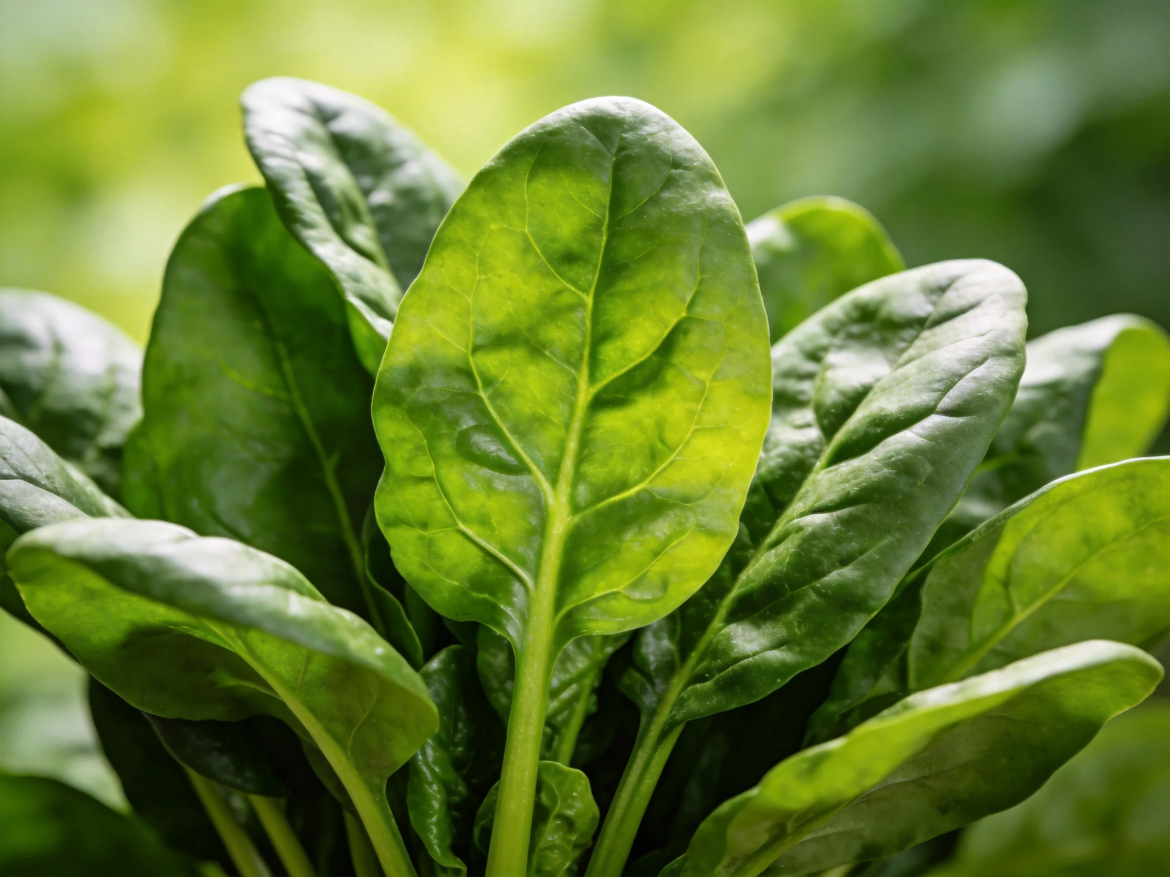 Fresh green spinach leaves with glossy texture and distinct veins