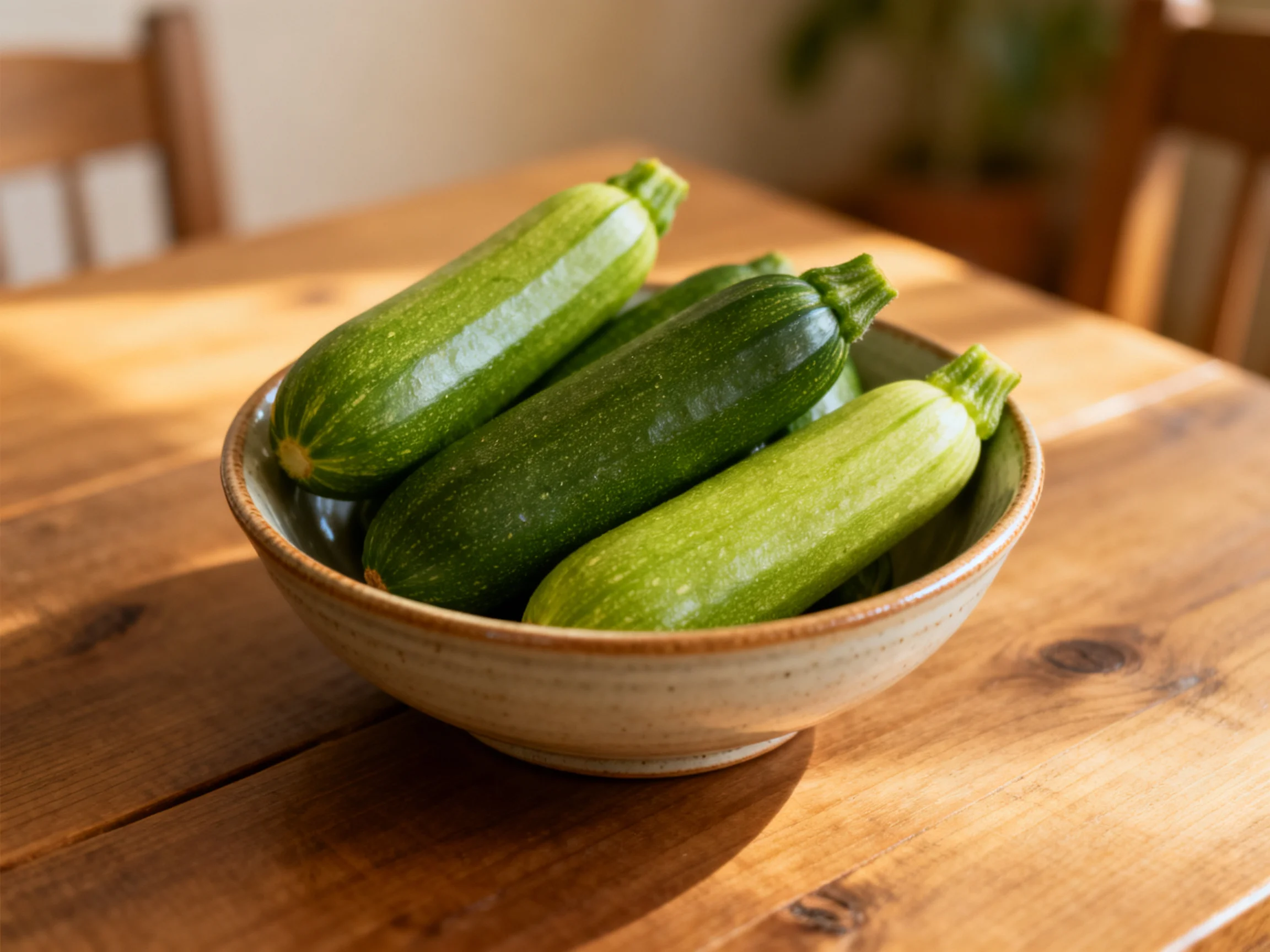 Fresh green zucchinis in a ceramic bowl on a wooden table