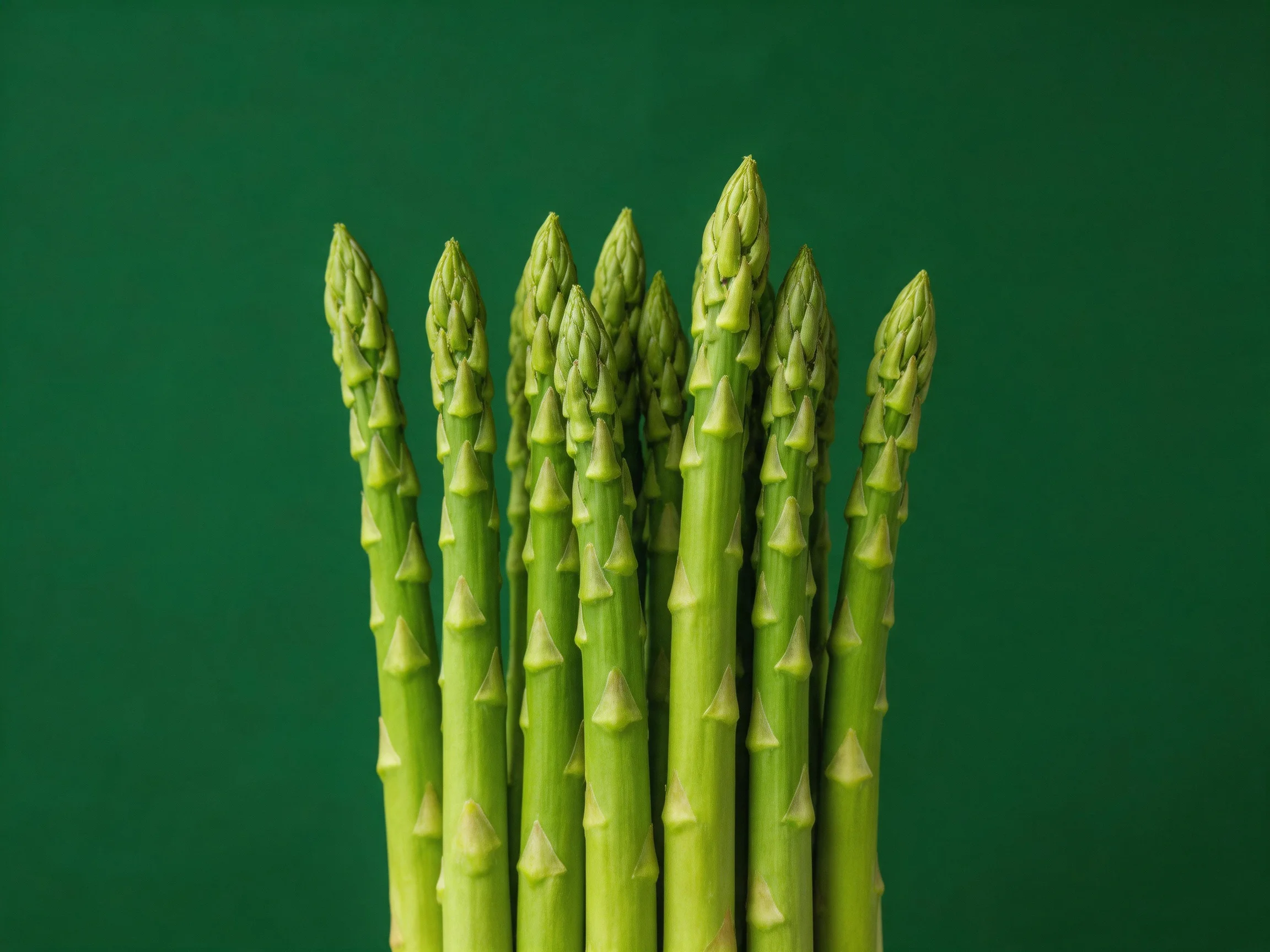 Fresh greenasparagus spears clustered upright against a solid dark green backdrop
