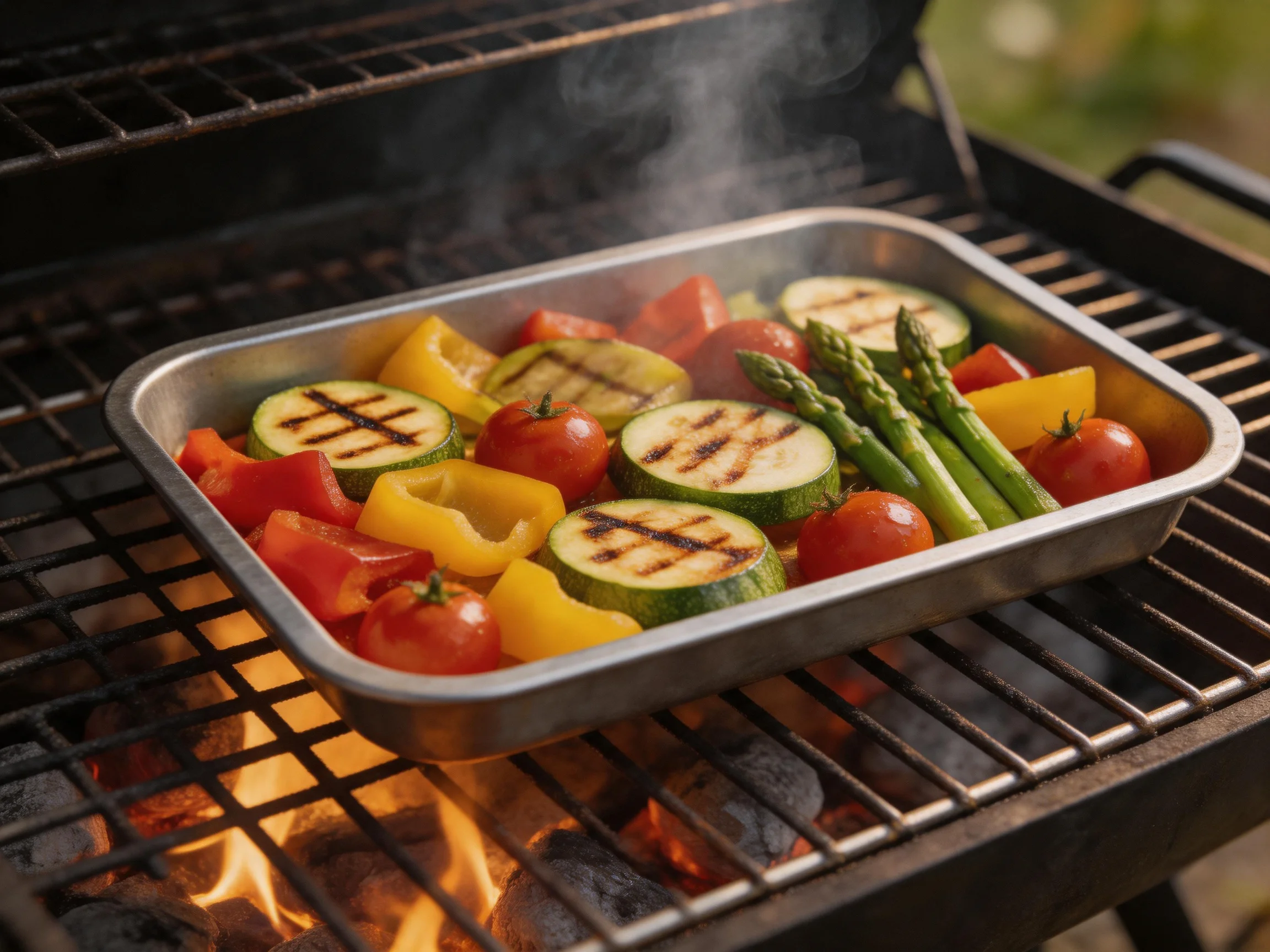 Fresh grilled vegetable assortment with zucchinis, tomatoes, bell peppers, and asparagus