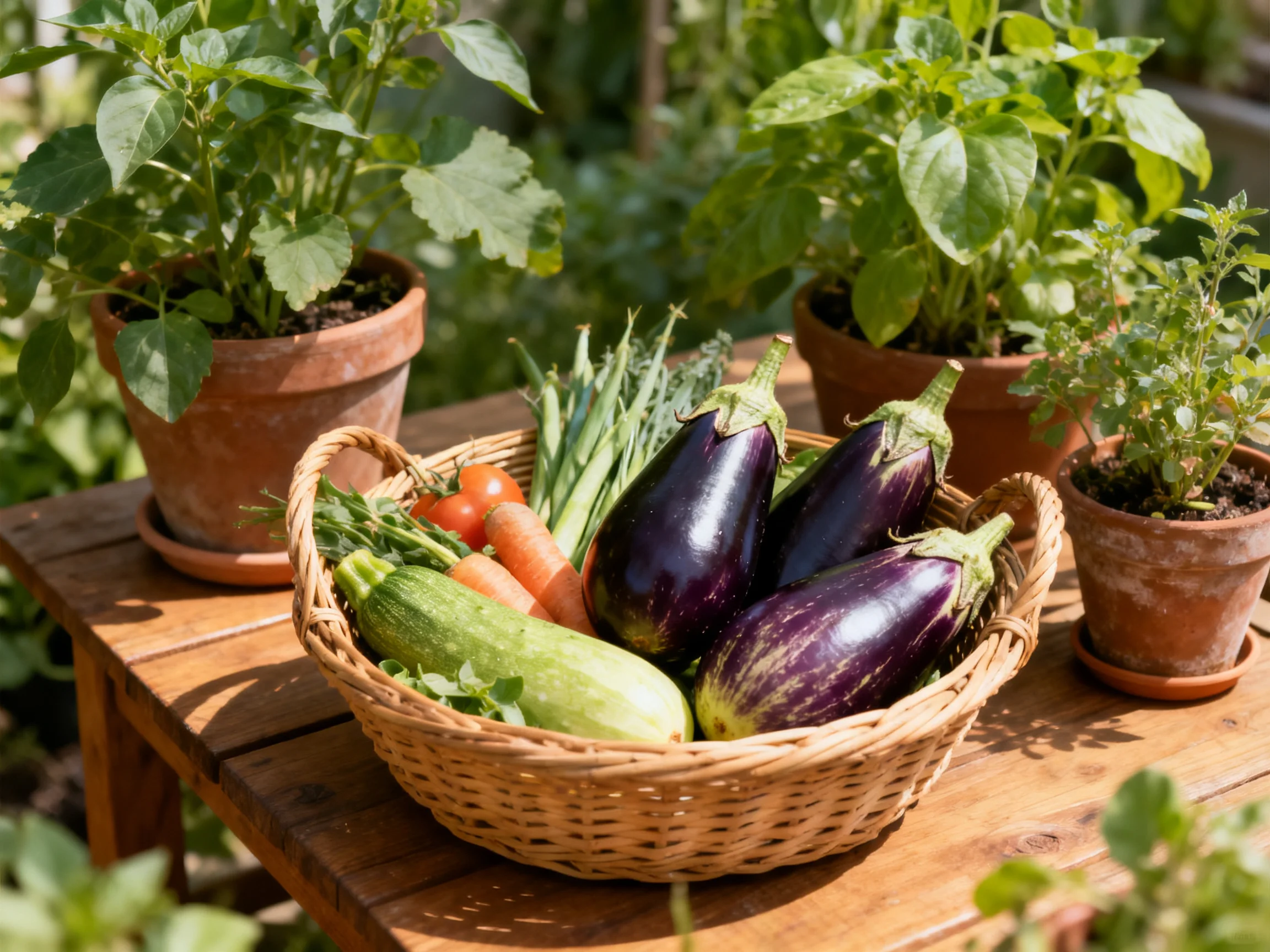 Fresh harvest basket with eggplants, zucchinis, and potted herbs on a wooden table