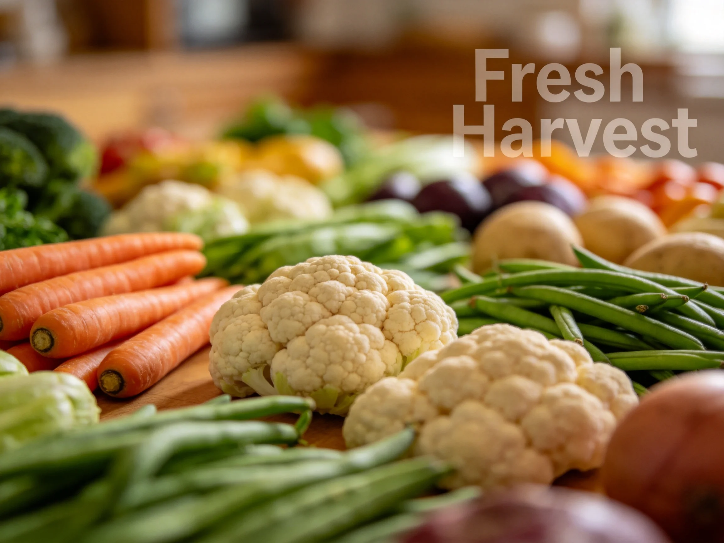 Fresh harvest display of colorful vegetables including carrots, cauliflower, and green beans